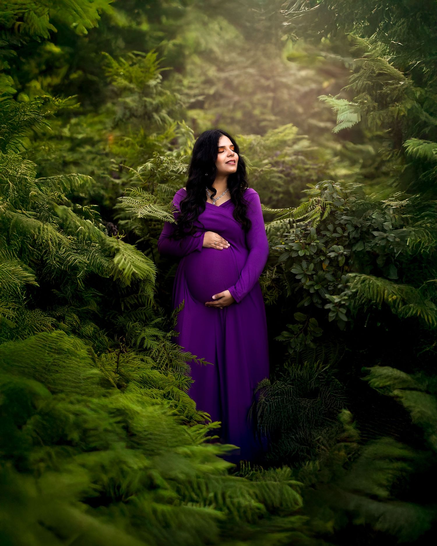 A purple gown-clad figure stands gracefully among lush green ferns in an enchanted forest setting.