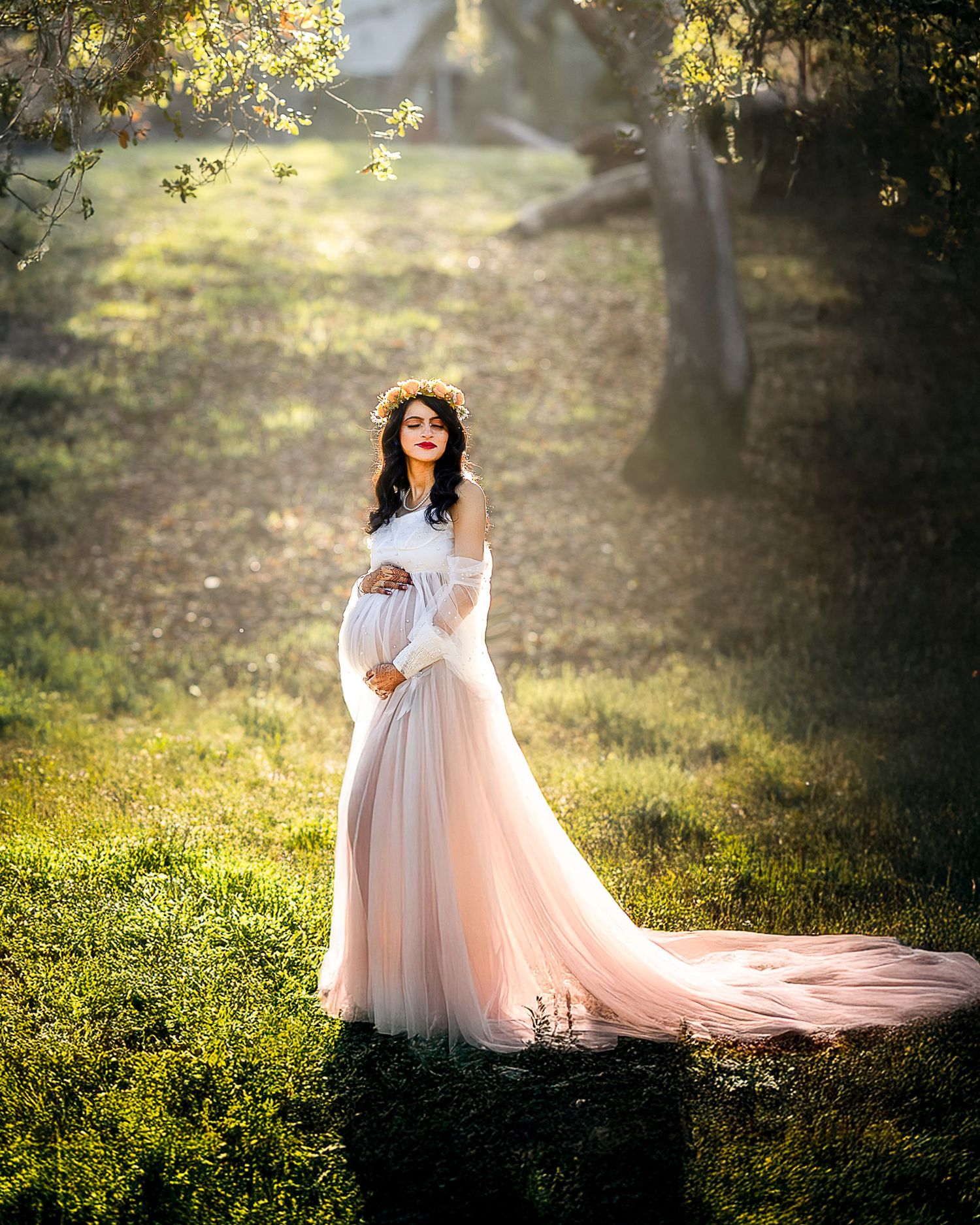 A dreamy maternity photoshoot sequence in a sunlit forest with flowing pink gown and ethereal lighting effects.