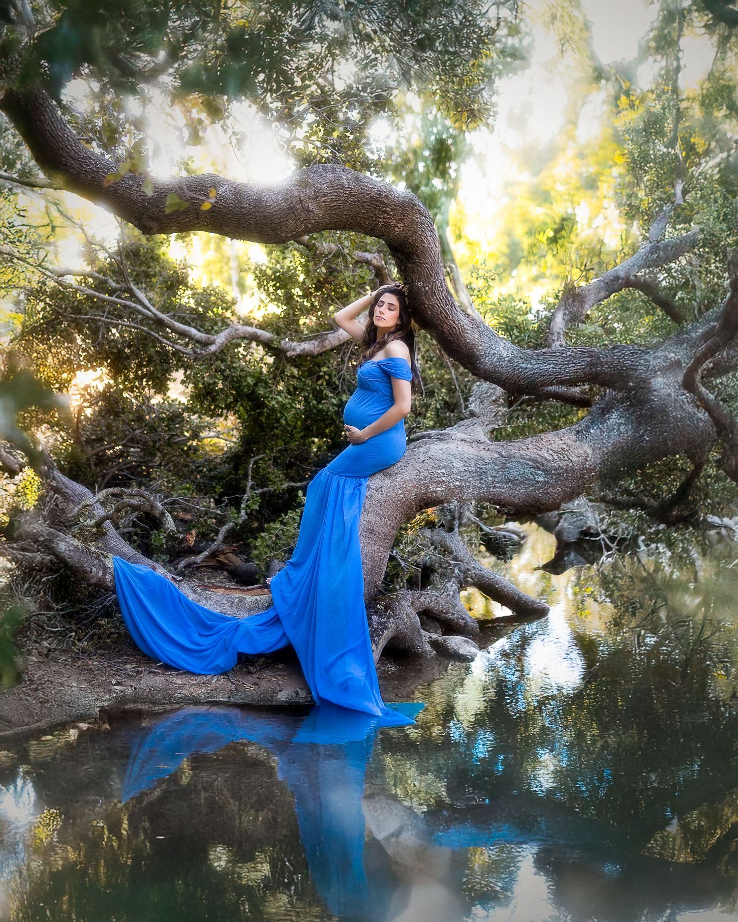 Ethereal maternity photo featuring flowing blue gown against ancient tree and reflective pond at sunset.