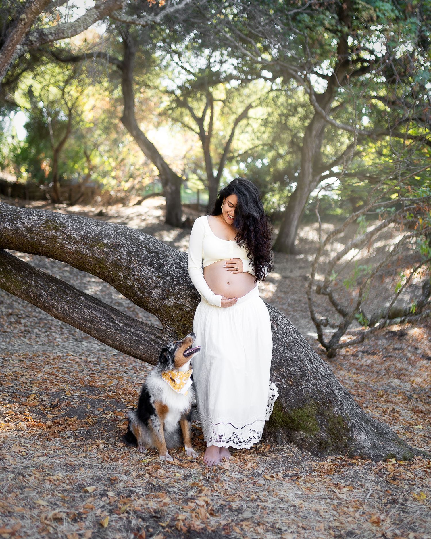 A dreamy forest photoshoot features someone in a white dress sitting among fallen leaves and natural woodland scenery.