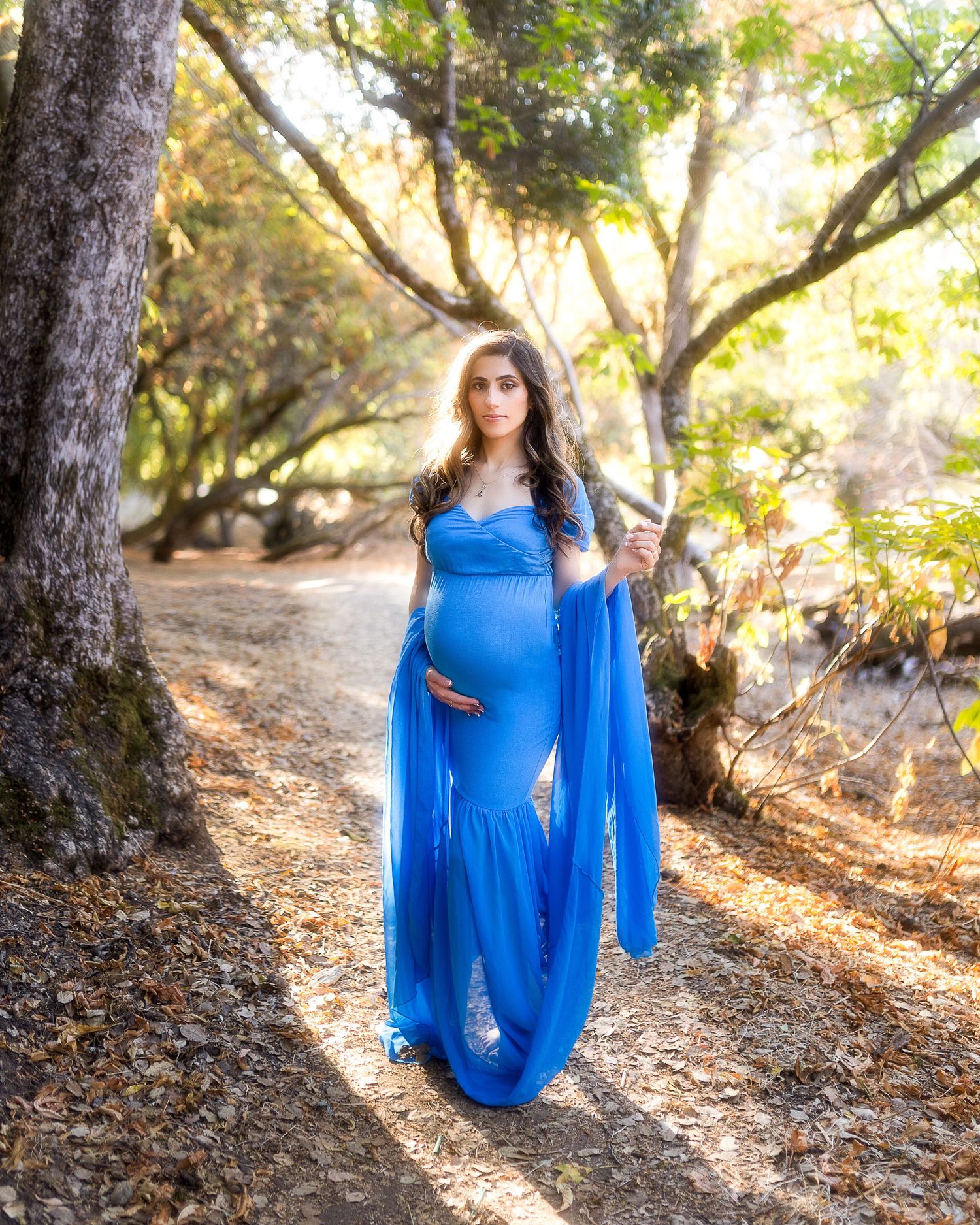 Artistic maternity photos showing a flowing royal blue dress in a dappled sunlit forest setting.