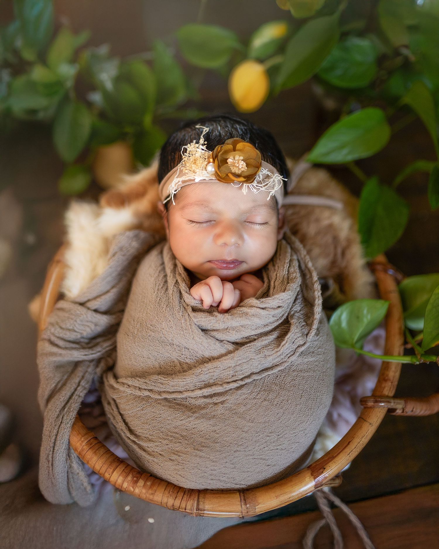 A sleeping baby wrapped in a soft brown blanket nestled in a wooden bowl among citrus fruit and greenery.