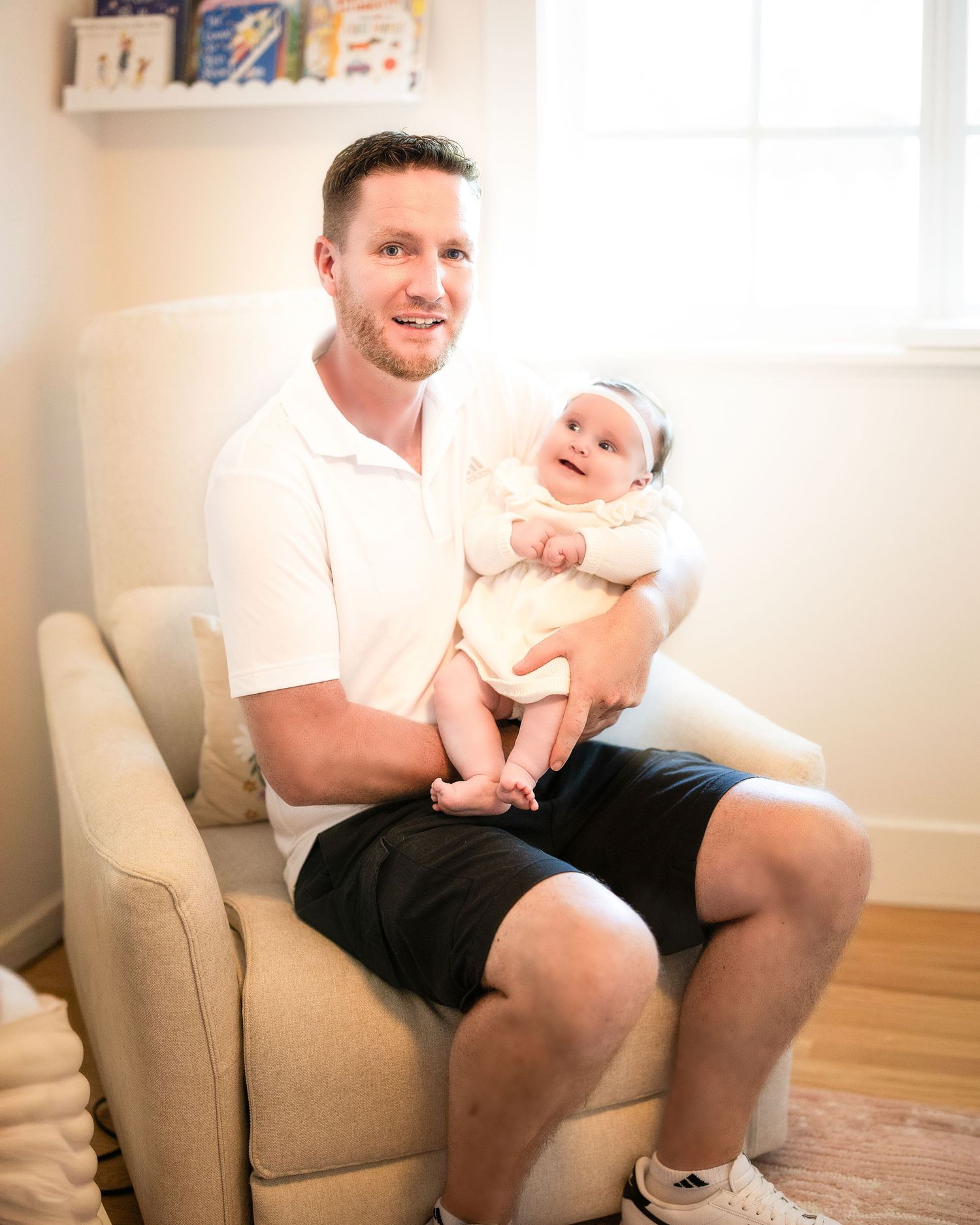 A series of four photos showing a person sitting in a beige armchair with a baby, progressing from left to right.
