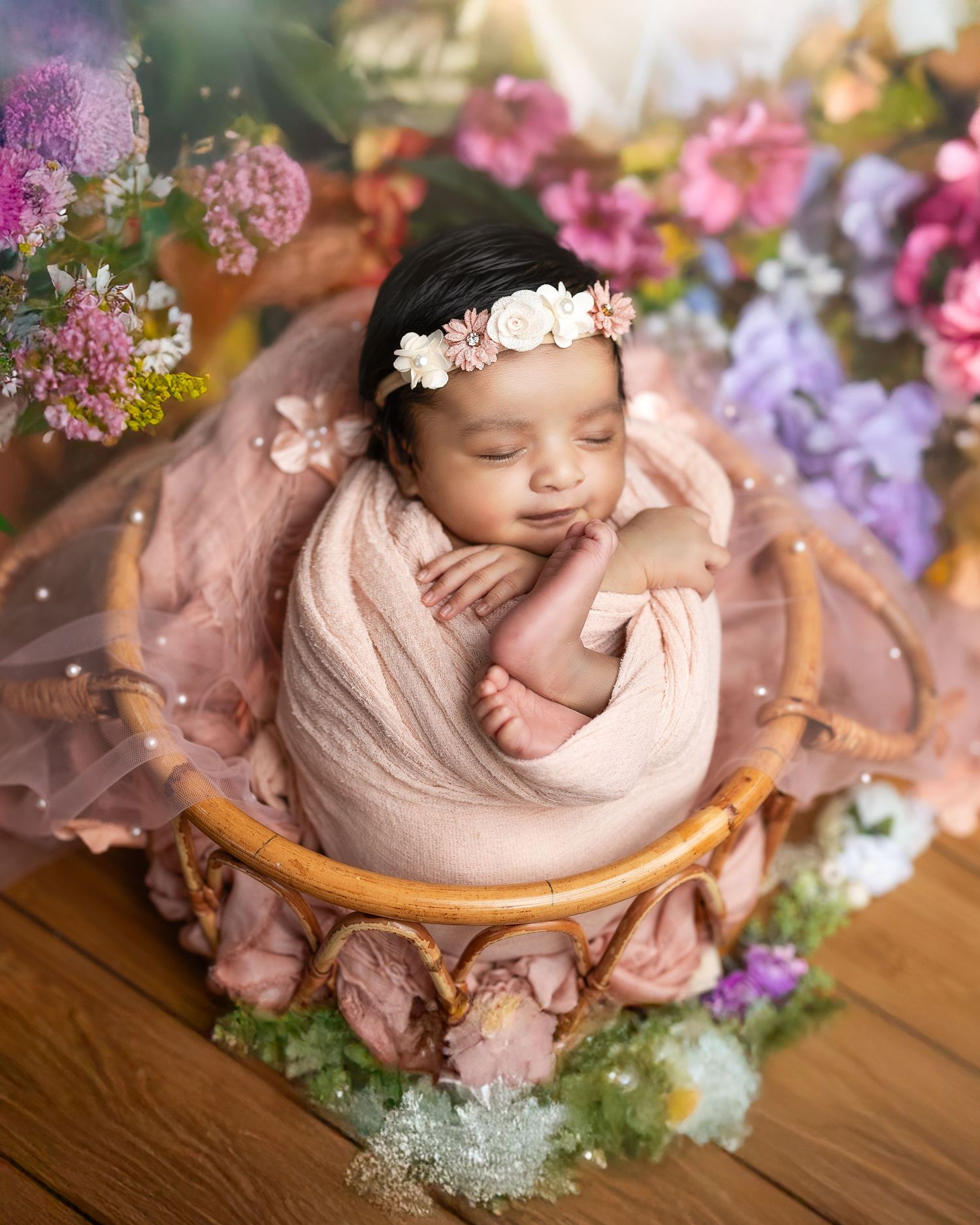 A sleeping newborn swaddled in pink fabric surrounded by delicate flowers and greenery in a wooden bowl setting.