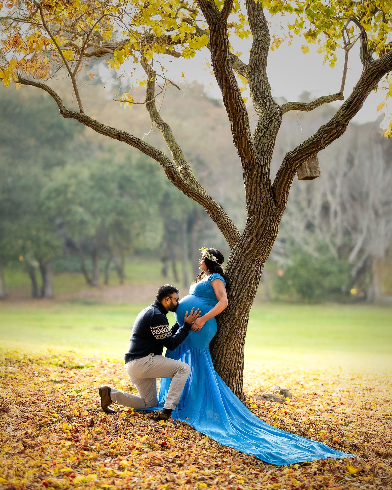 A figure in a flowing blue dress reclines gracefully against a tree trunk surrounded by golden autumn leaves in a park setting.