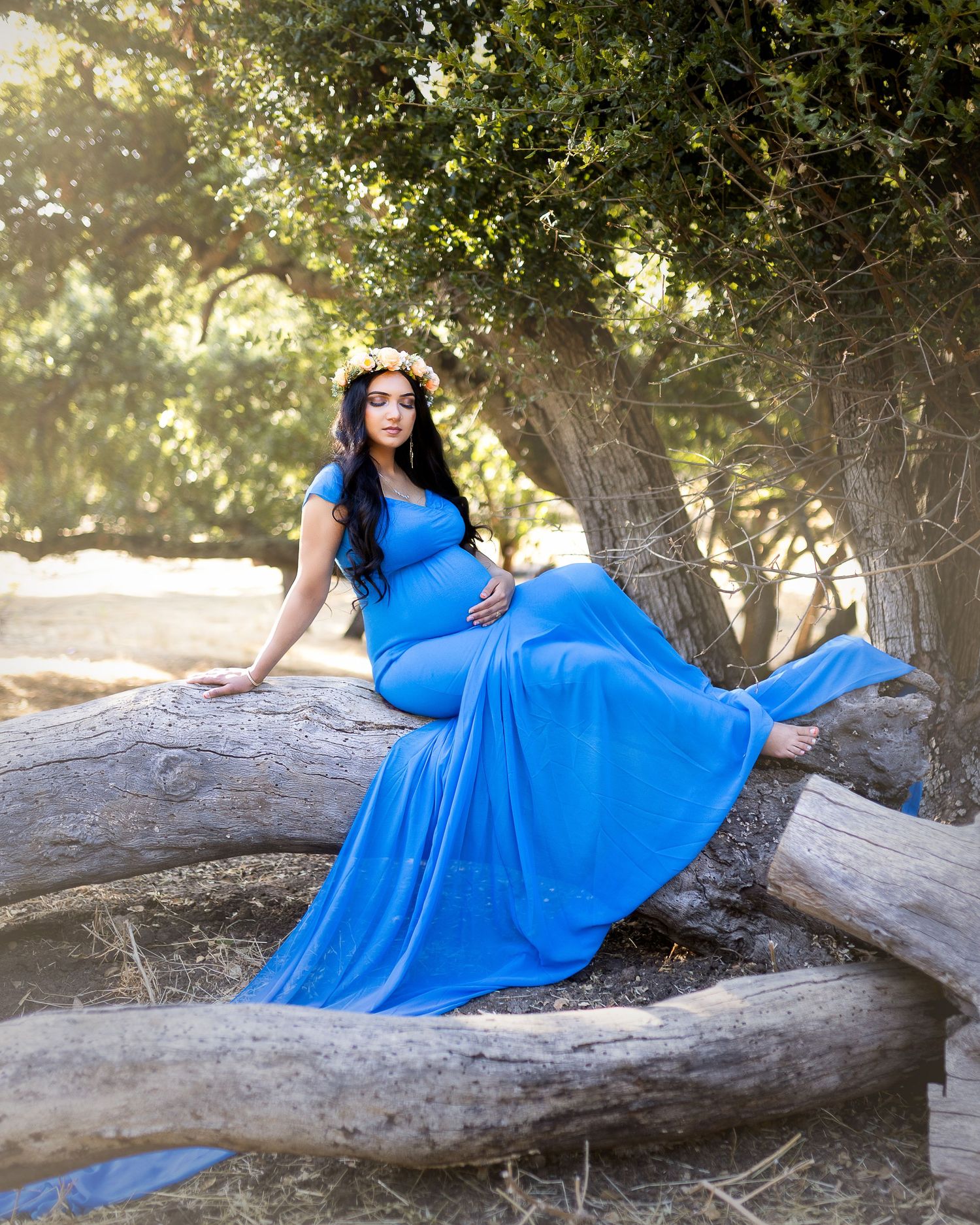 A woman in a flowing bright blue dress poses gracefully on a fallen tree trunk in a natural outdoor setting.