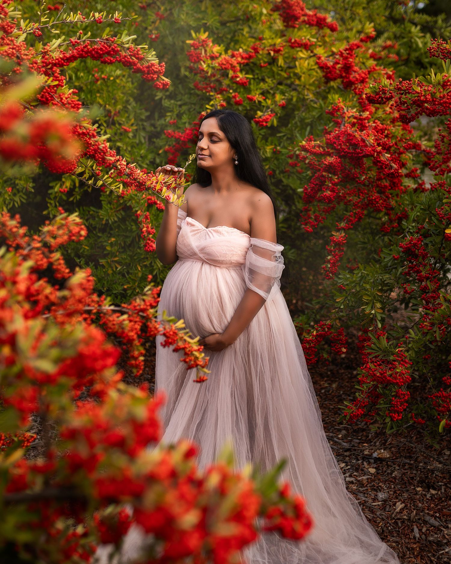 A dreamy maternity photoshoot in a garden with pink flowing dress surrounded by vibrant red flowering bushes.