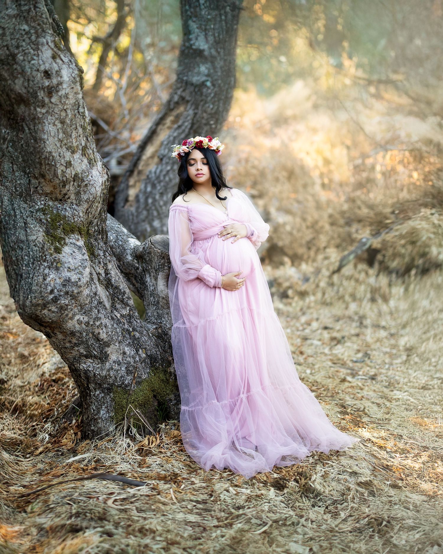 A figure in a flowing pink tulle maternity gown and floral crown poses elegantly against a gnarled tree trunk in golden light.