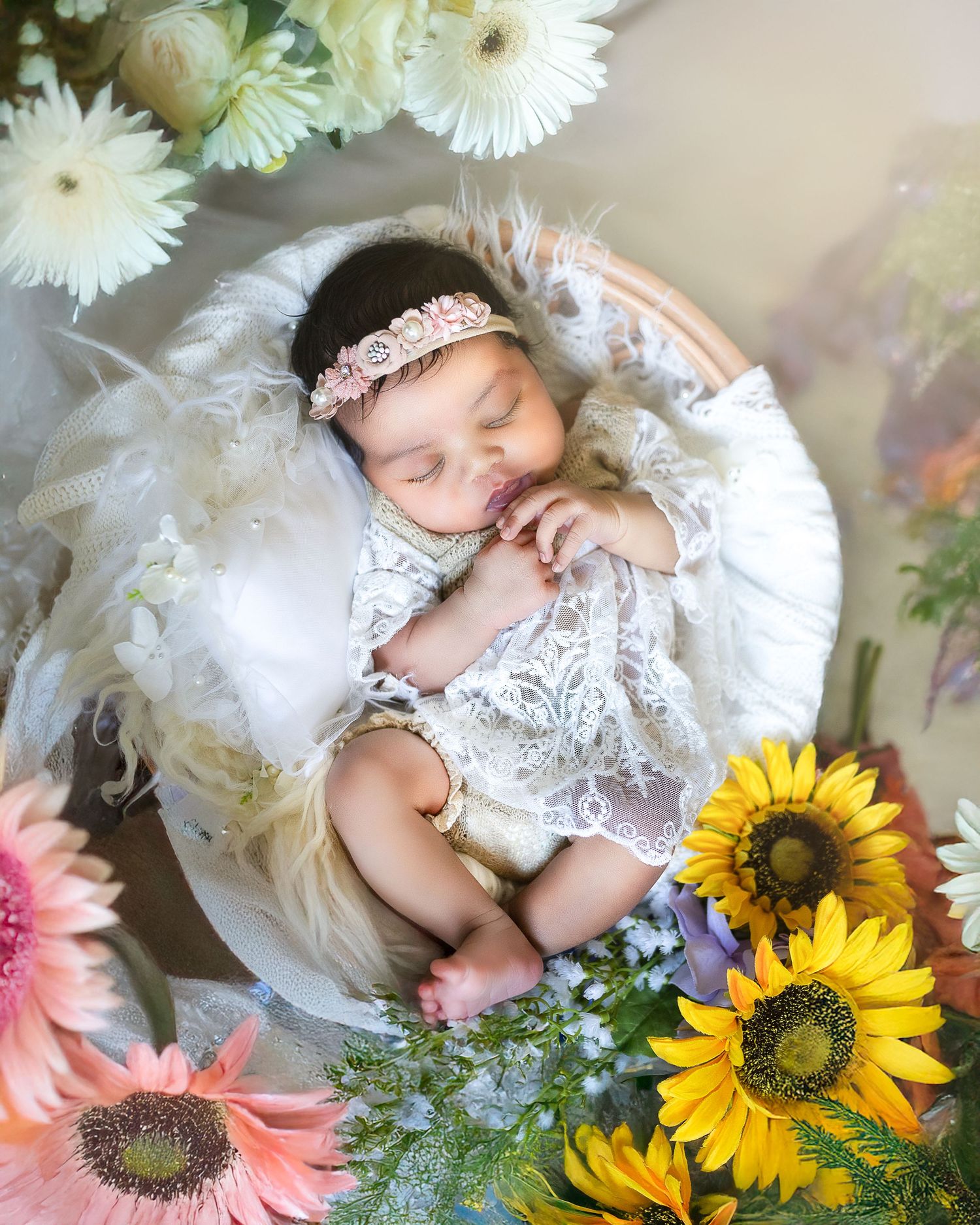 Sleeping baby in white lace dress surrounded by sunflowers and delicate floral arrangements in dreamy lighting.