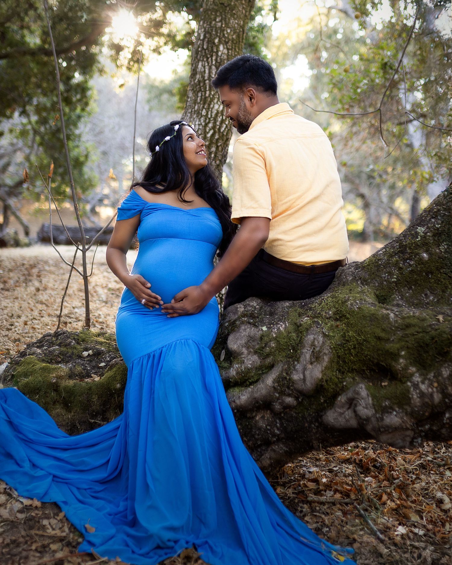 A romantic outdoor photo series featuring a couple sitting on a tree branch in a natural setting.