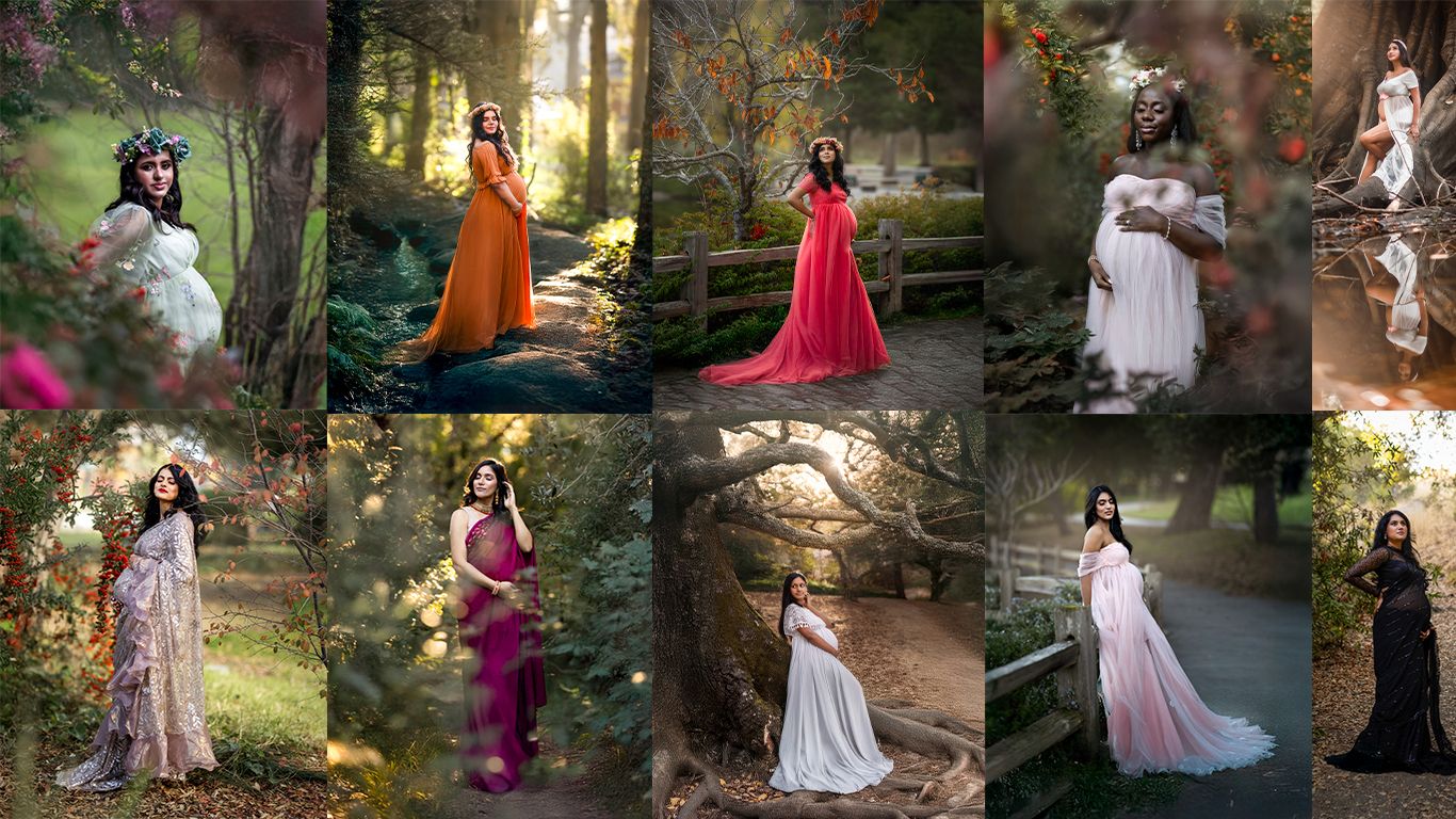 A collage of pregnant women in elegant flowing gowns posing in lush forest settings for maternity photography sessions.