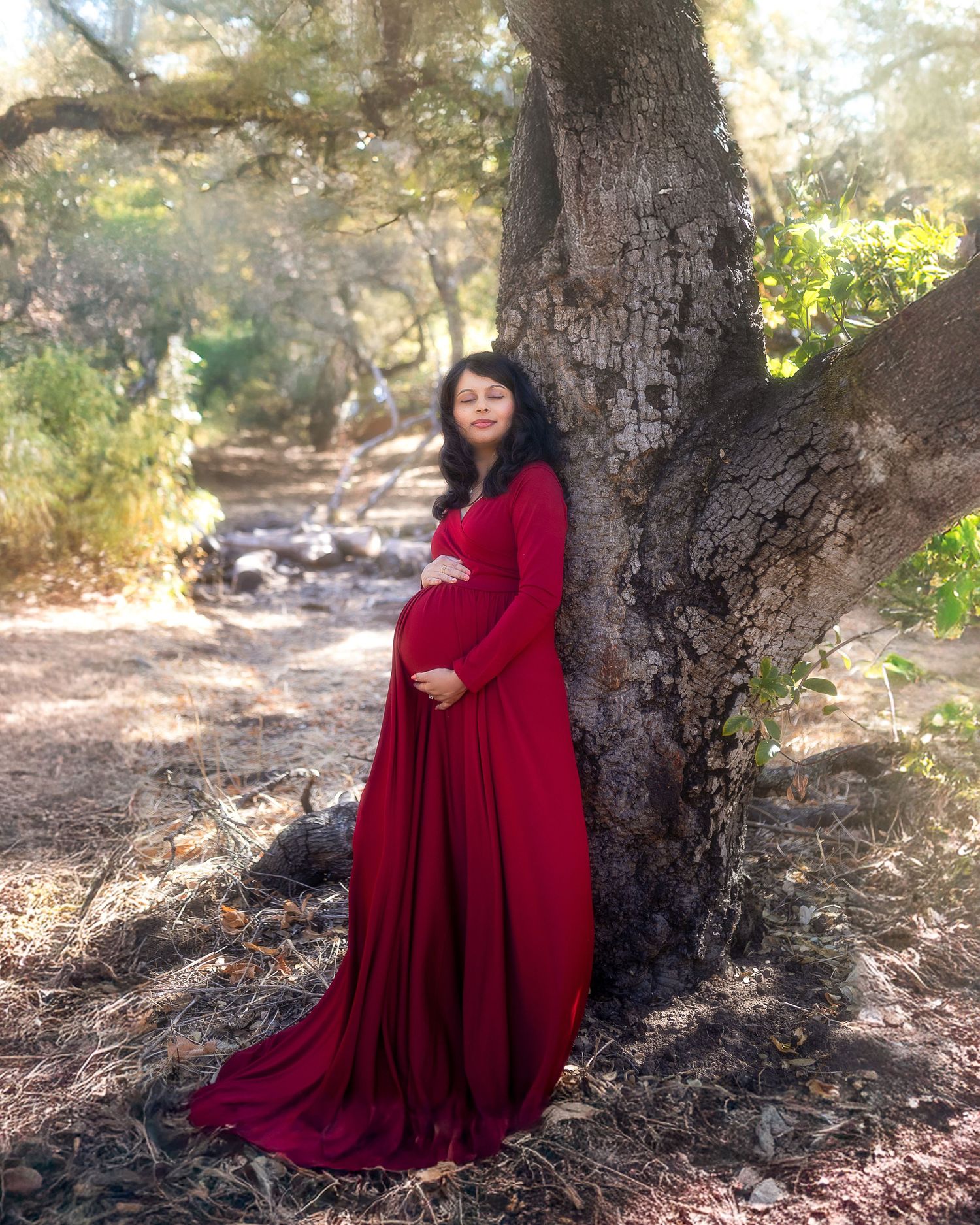 A pregnant woman in a flowing burgundy dress poses against a large tree trunk on a sunlit forest path.