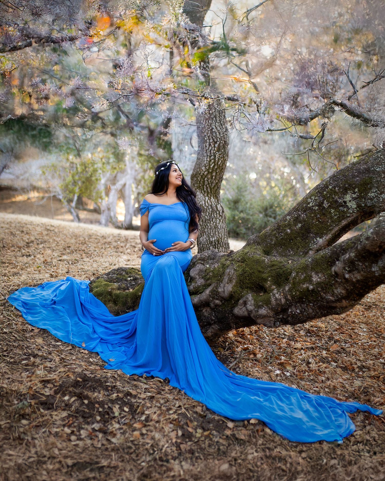 A flowing royal blue maternity gown trails dramatically against natural rock formations and autumn foliage in an outdoor setting.
