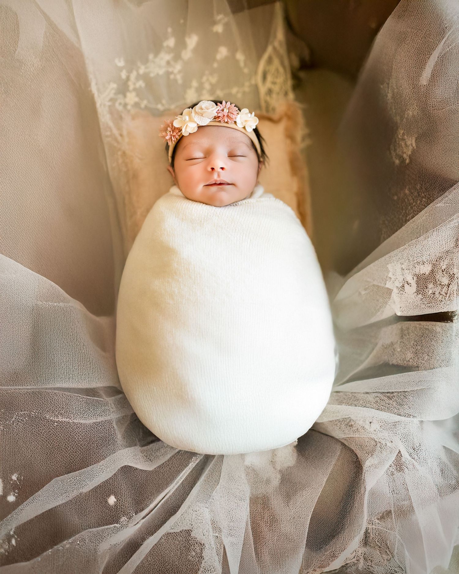 Sleeping newborn wrapped in white swaddle with floral headband lying on soft tulle fabric.
