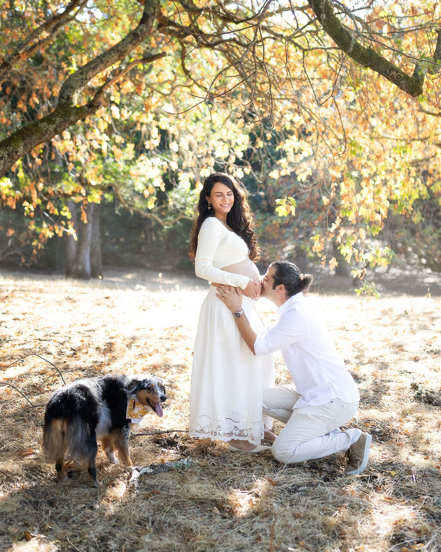 A couple in white clothing sits together on fallen autumn leaves with their Australian Shepherd dog nearby.