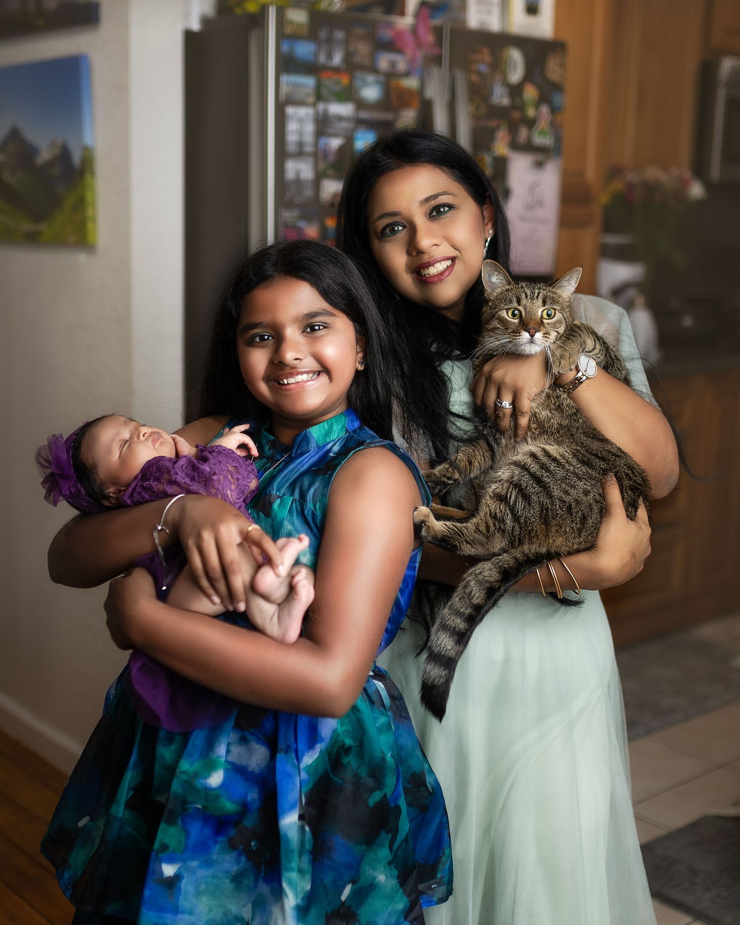 A series of candid photos showing joyful moments with a cat and a purple dress in a home setting.