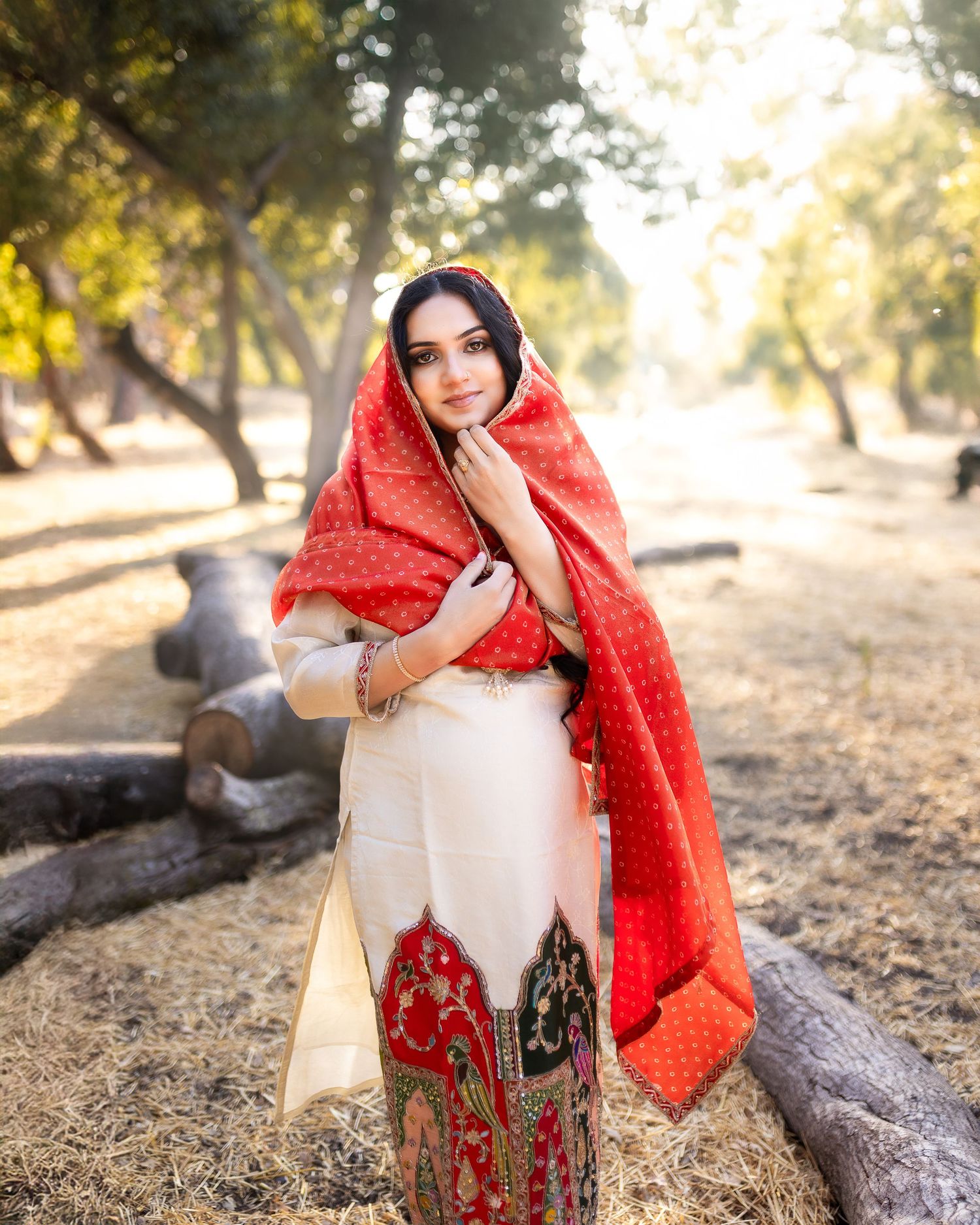A person in traditional South Asian attire sits on a fallen tree trunk in a sunlit forest with a red dupatta.