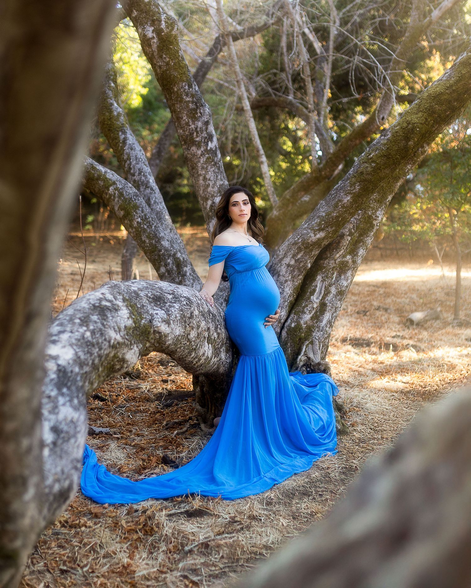A flowing bright blue gown creates an ethereal effect against a backdrop of gnarled tree branches in a forest setting.