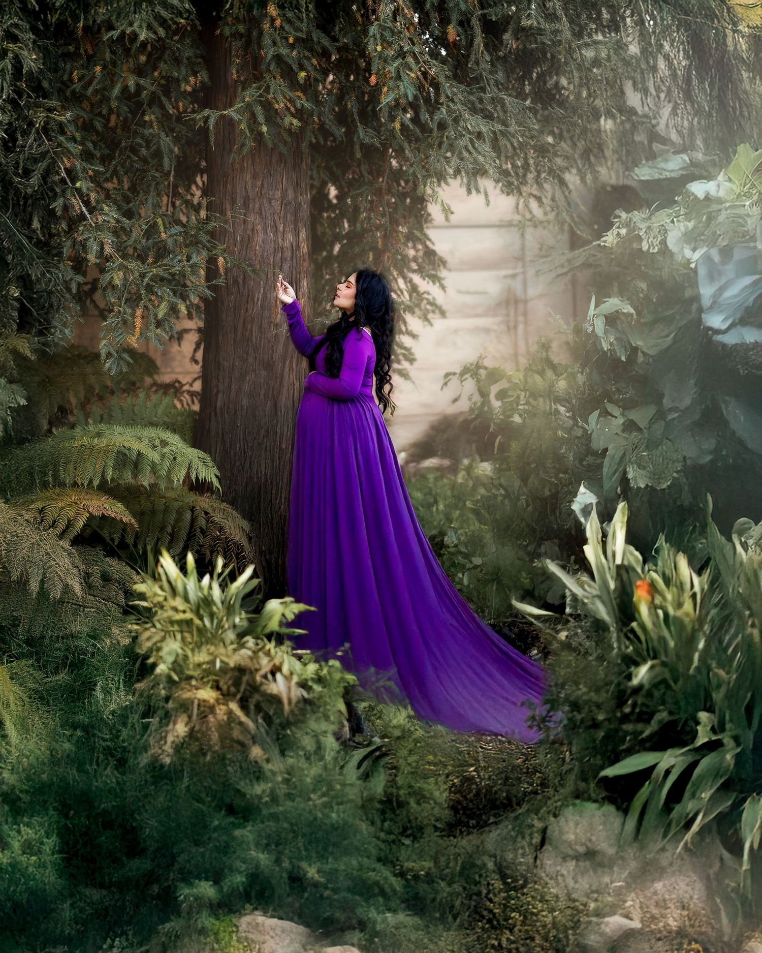 A flowing purple dress contrasts dramatically against a misty forest backdrop with ferns and ancient trees.
