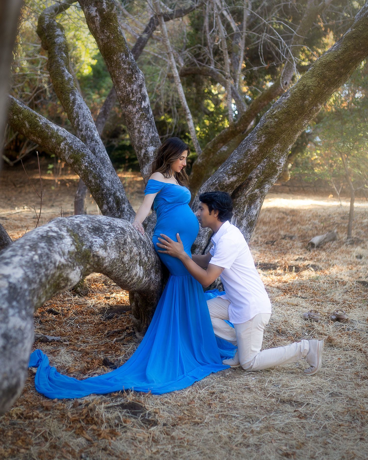 A couple in romantic poses by a tree trunk, with the woman wearing a flowing bright blue dress in an outdoor setting.