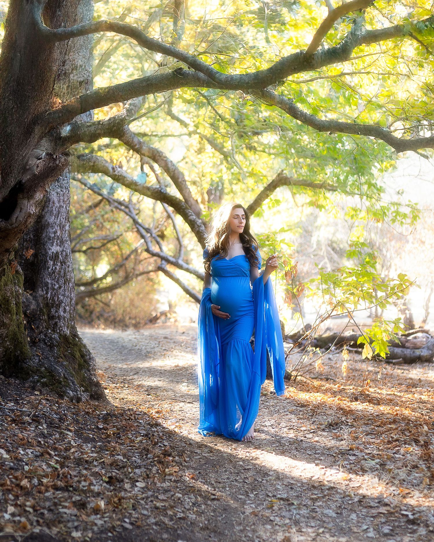 A figure in a flowing royal blue dress stands beneath autumn trees on a leaf-covered forest path in golden sunlight.