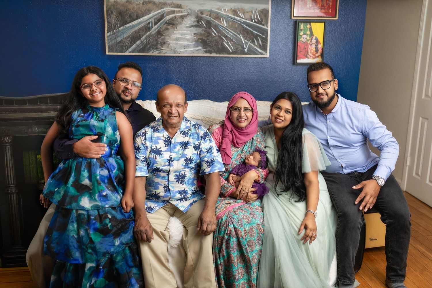 A collage of family gathering photos showing people celebrating together in various indoor settings.