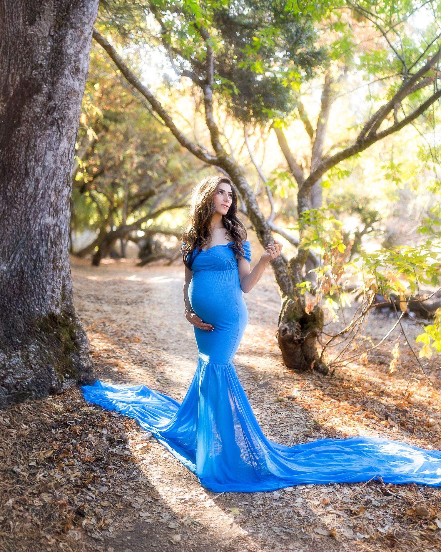 Ethereal maternity portraits in a bright blue gown set against a natural forest backdrop.