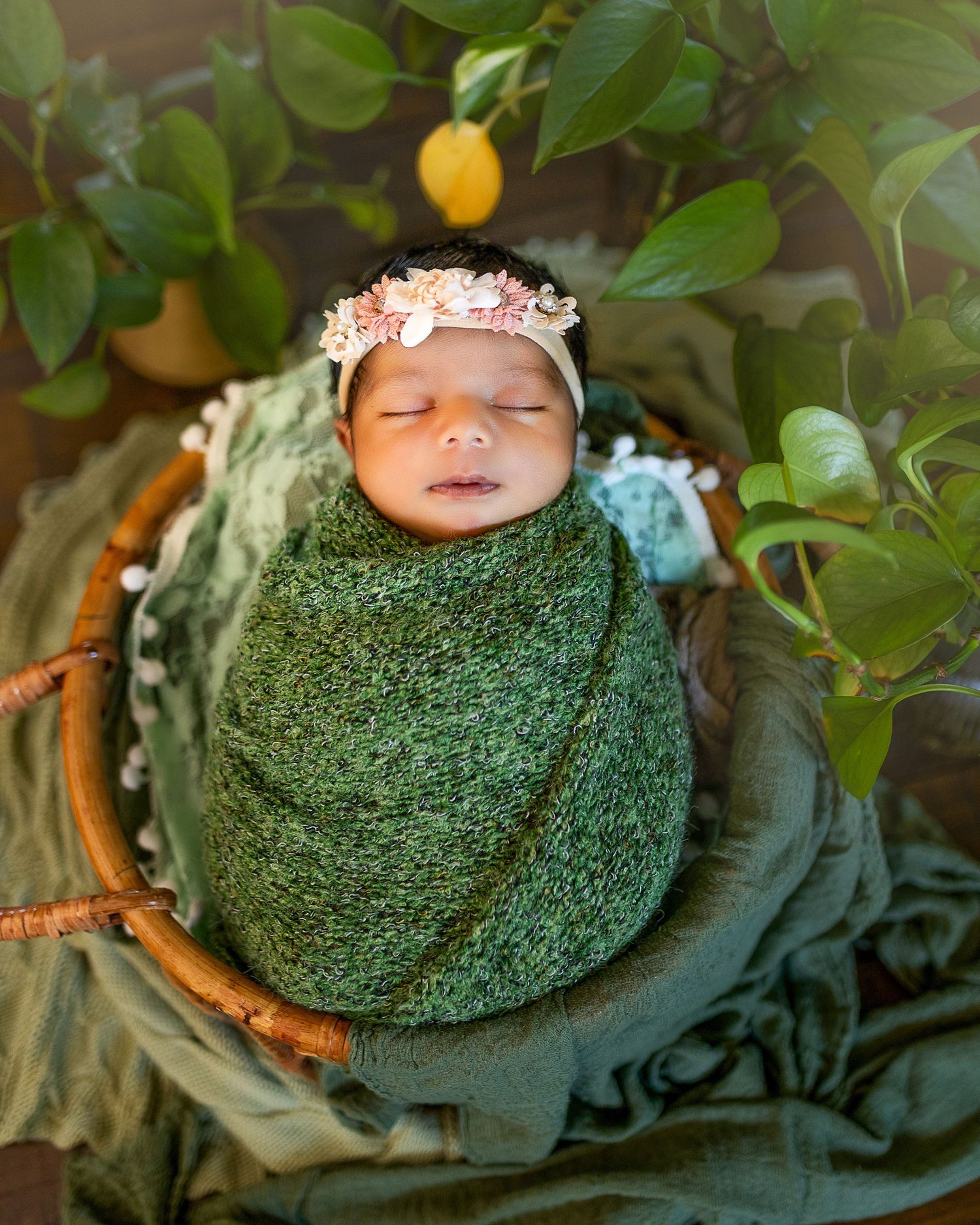 A sleeping baby wrapped in a green knit blanket lies in a basket under citrus trees wearing a delicate floral crown.