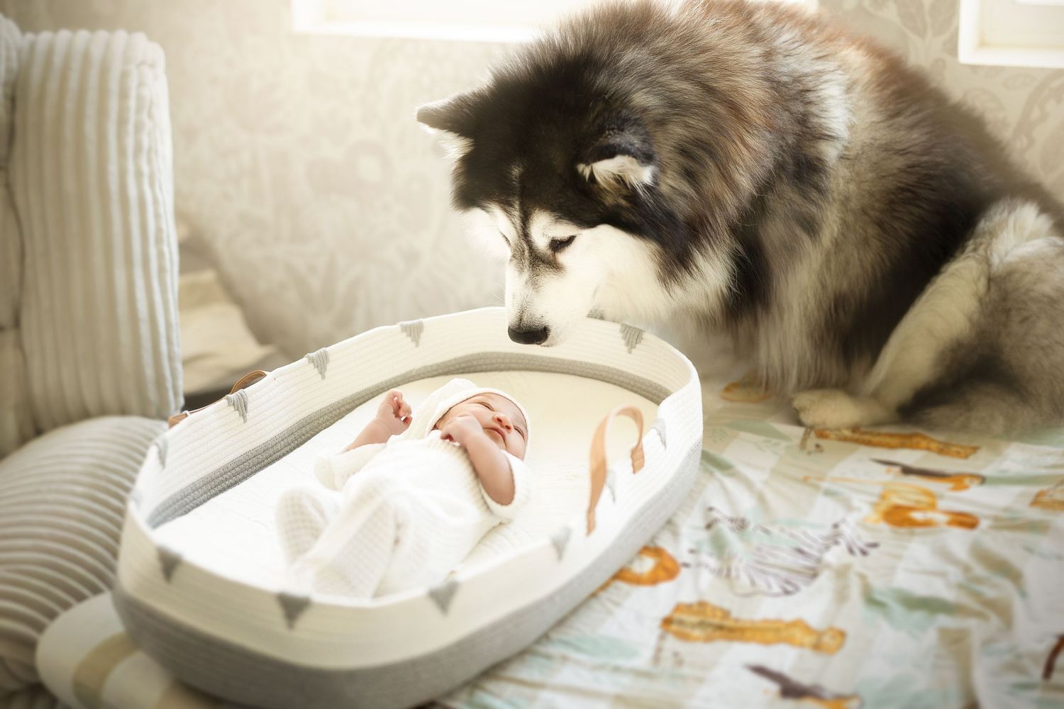 Gray cat curiously peeks into a white plastic baby bassinet or cradle.