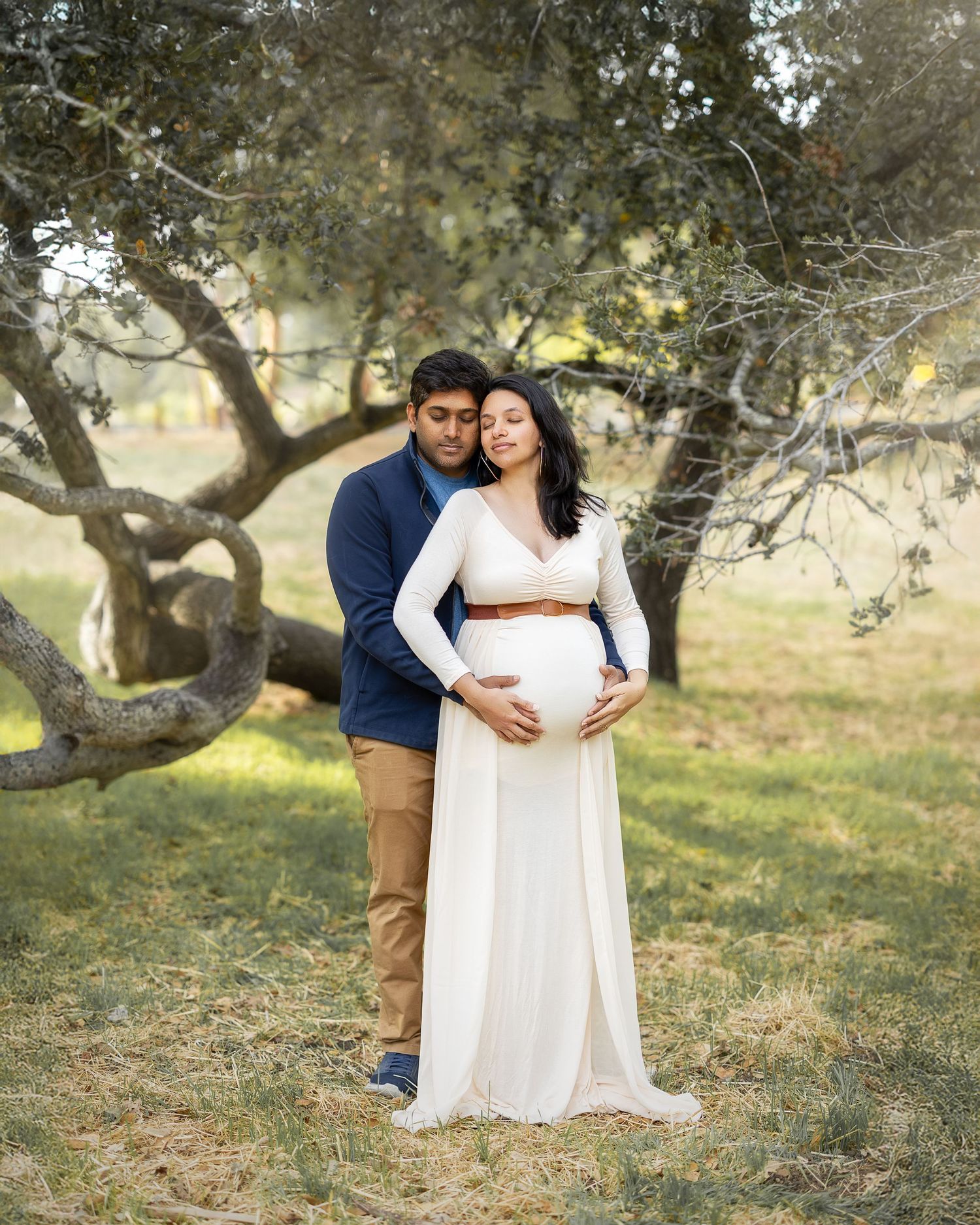 Romantic maternity photo session in a rustic outdoor setting with olive trees and natural lighting.
