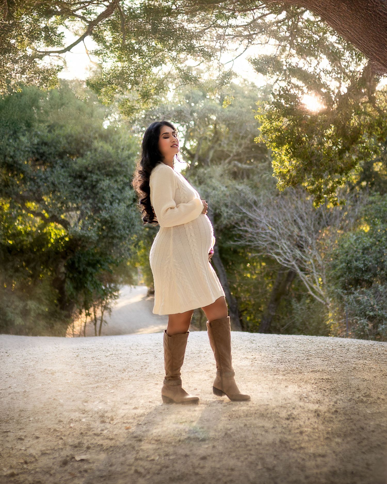 A series of maternity photos captured at sunset showing a pregnant figure in a white dress against a natural outdoor backdrop.