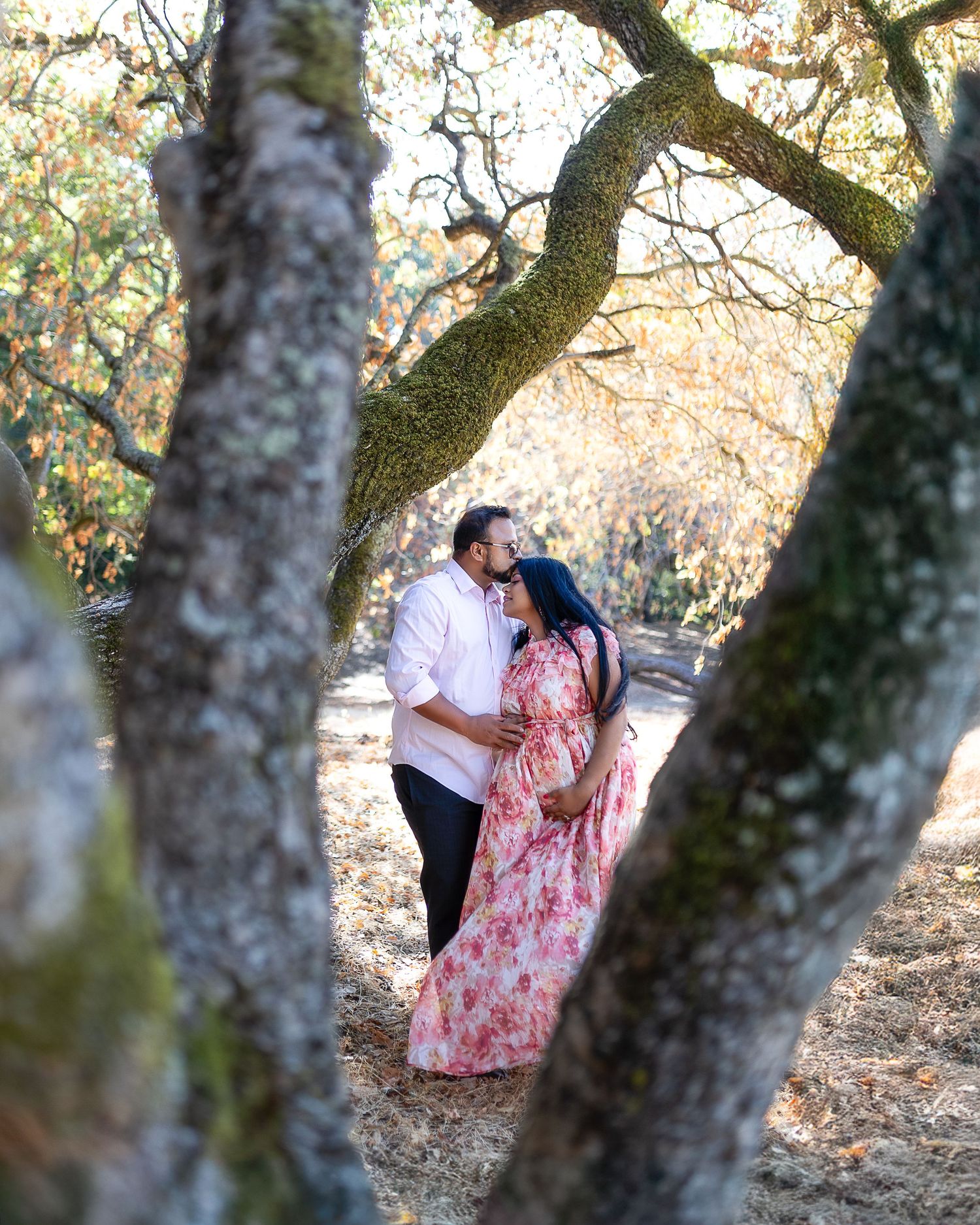 A couple shares an intimate moment among trees during a romantic outdoor photoshoot.