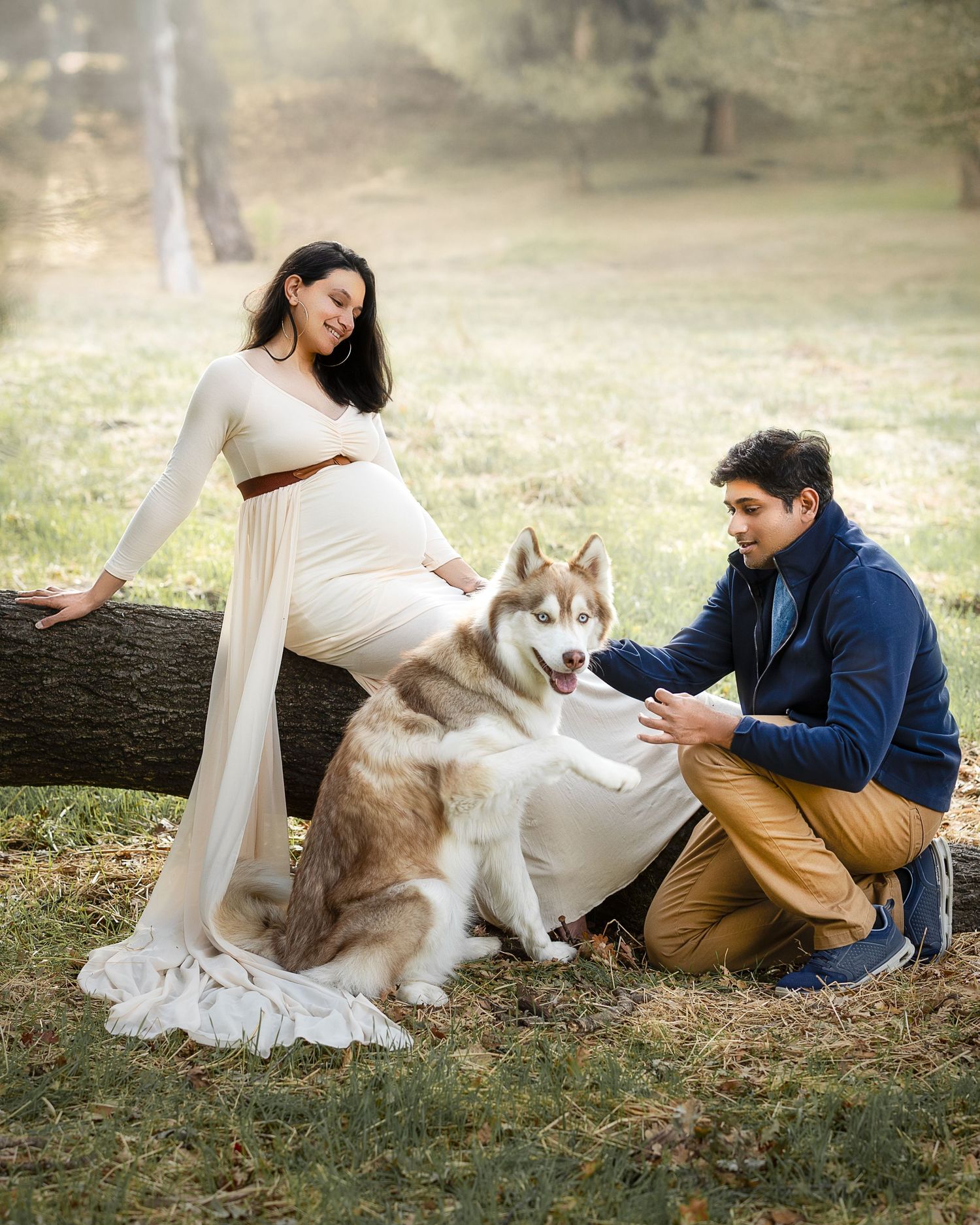 A couple in casual attire sits with their husky dog on fallen logs in a dreamy outdoor setting.