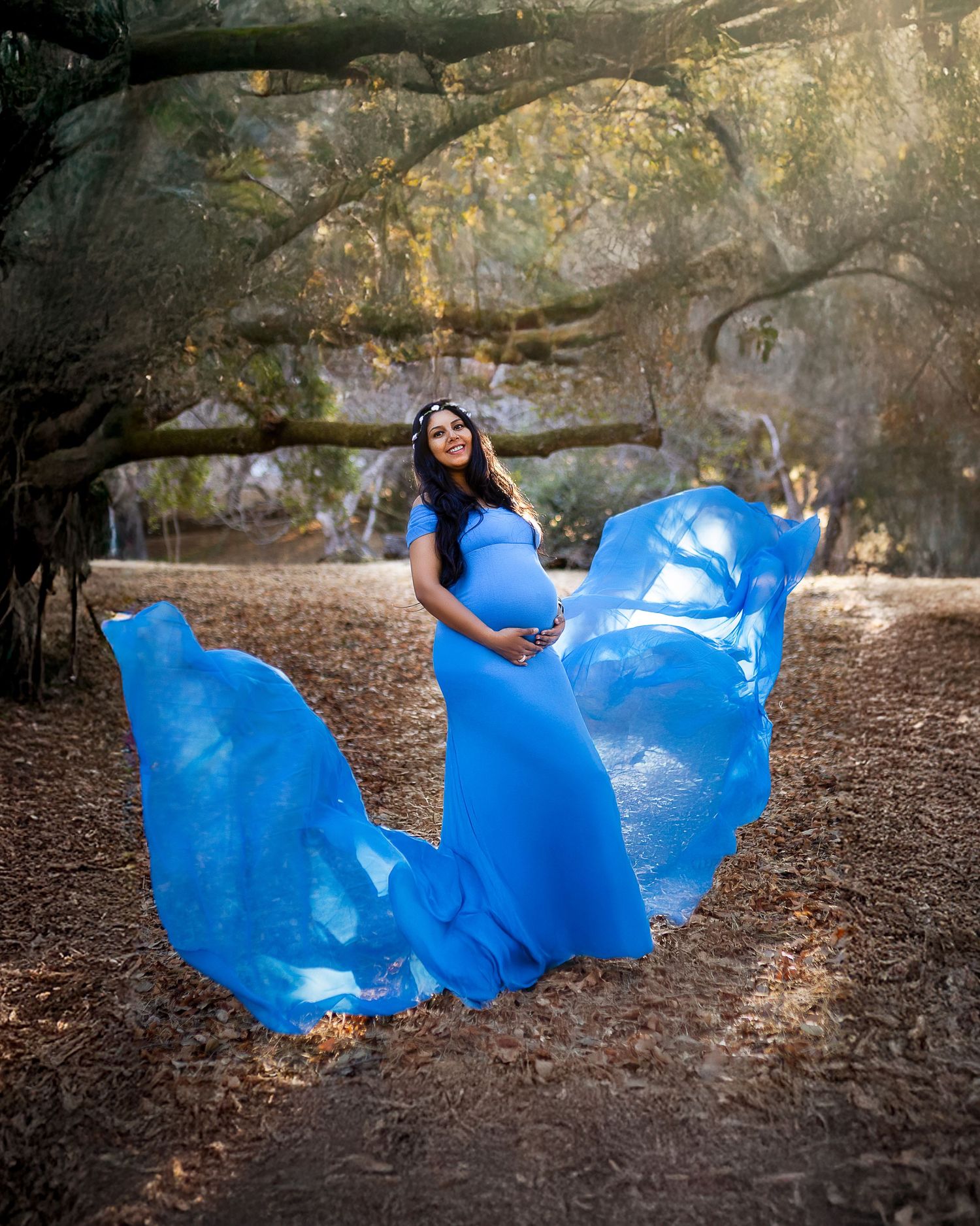 A sequence of artistic photos showing a flowing blue fabric movement against a forest floor background.