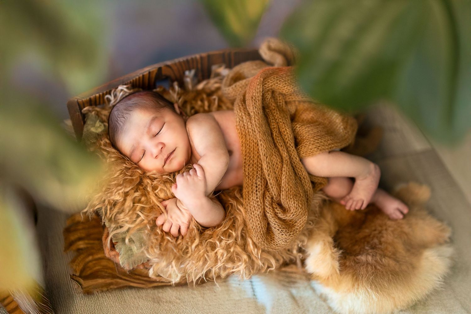 A sleeping newborn baby with soft curls rests peacefully on a brown blanket in a professional photography setting.