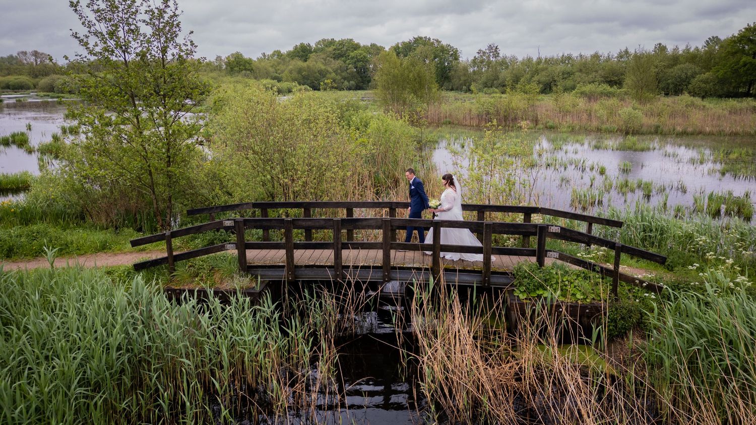 Someone stands on a wooden footbridge overlooking a wetland area with tall grasses and marsh vegetation.