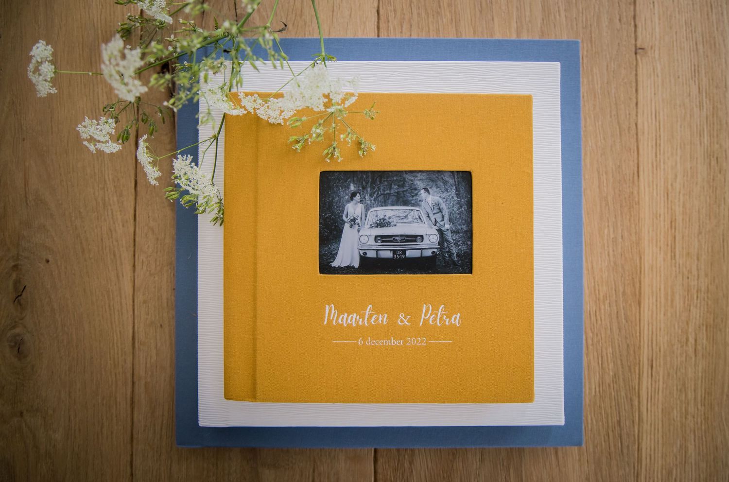 Wood paneled wall with blue and yellow framed artwork displayed in a gallery-style arrangement.