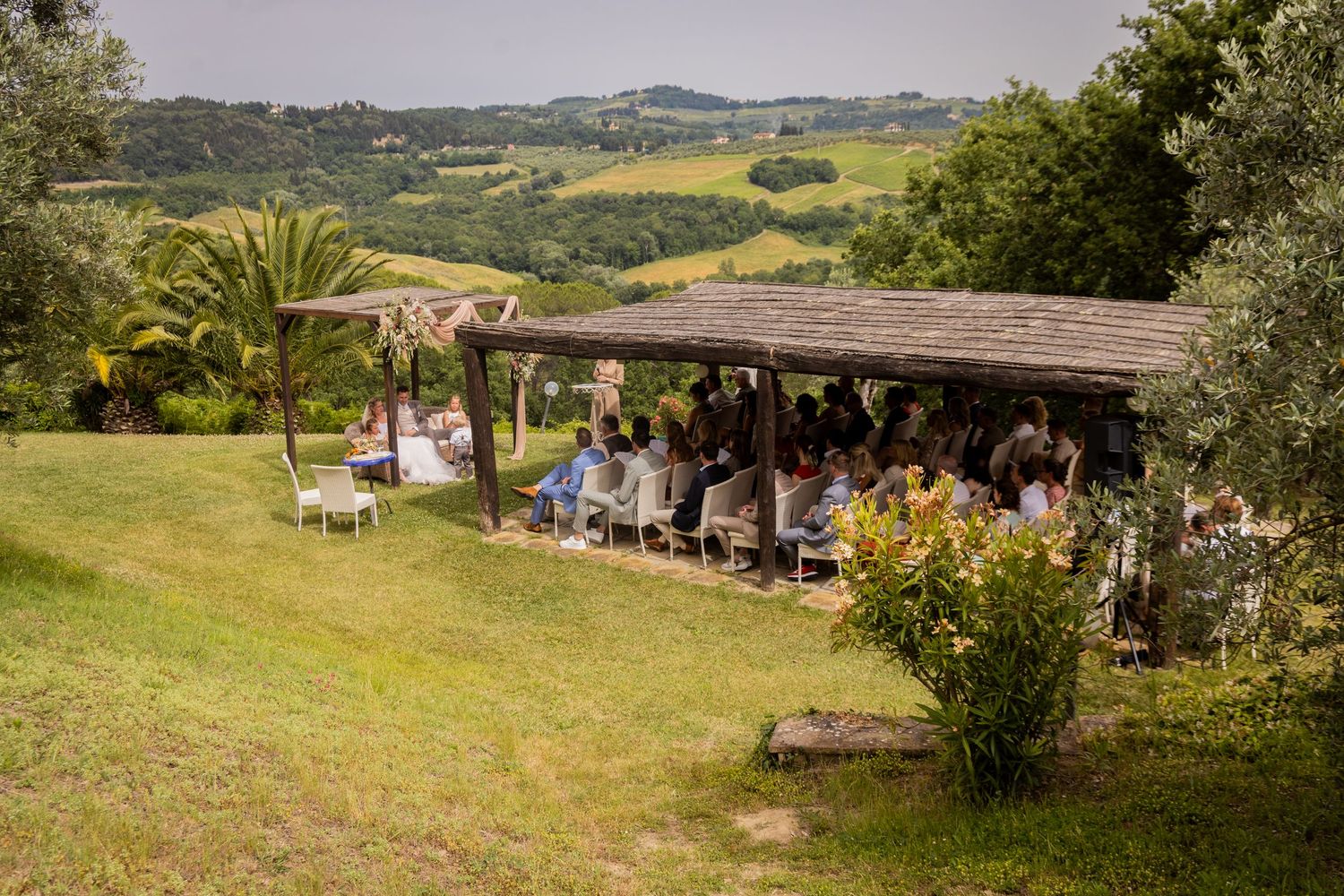 Six scenic panoramic images of rolling hills, venues and outdoor gathering spaces showcase a rural Italian countryside venue.