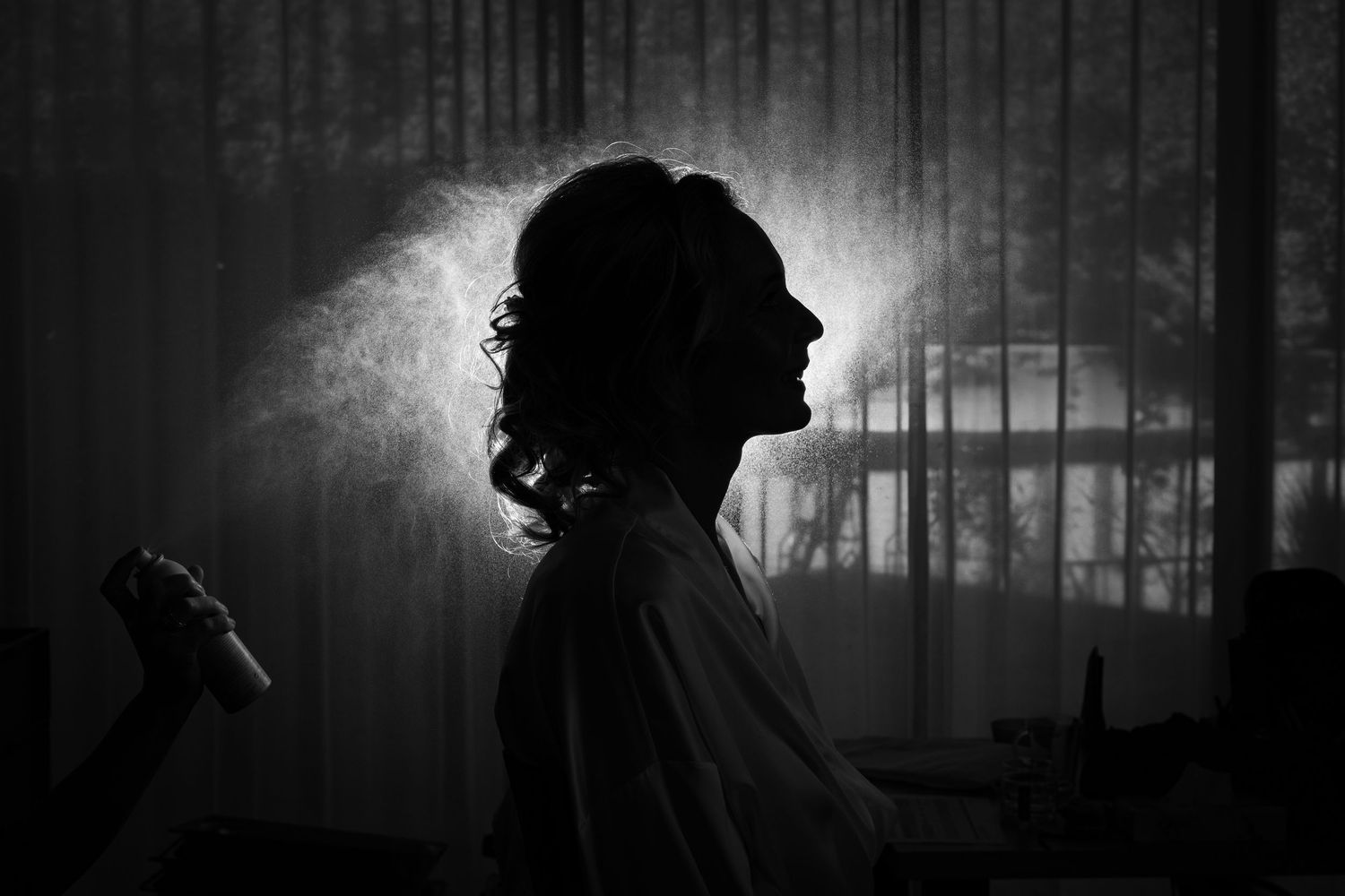 Dramatic black and white silhouette of person with backlit hair against window.