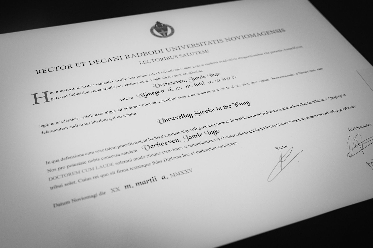 Close-up of an official diploma or certificate document with signatures.