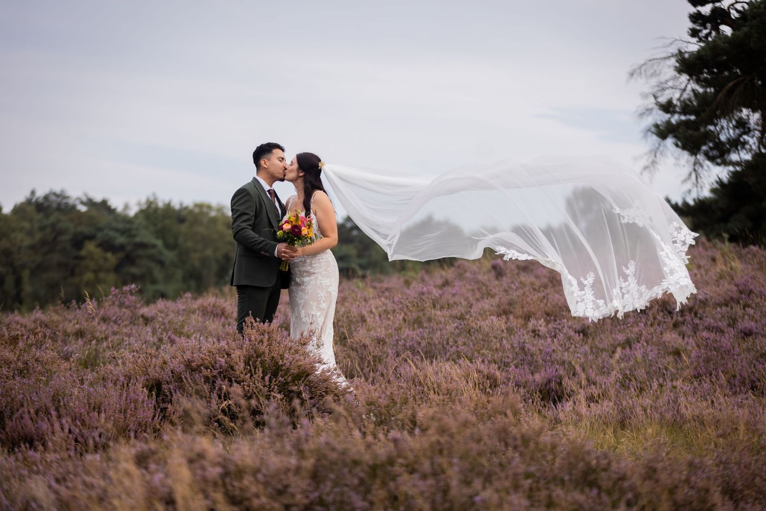 A dramatic wedding photo with flowing veil against a purple heather landscape at sunset.