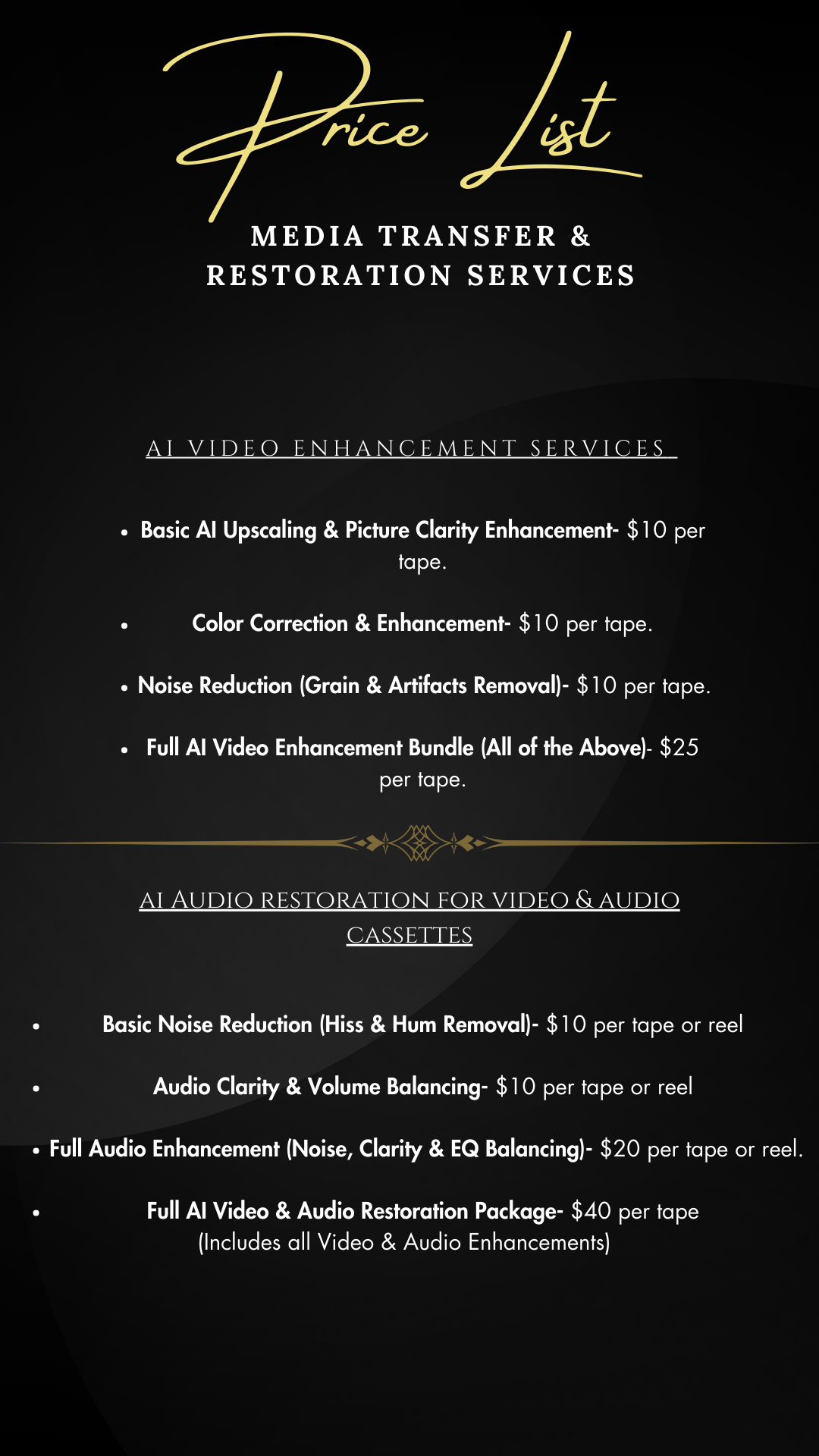 price list for video services