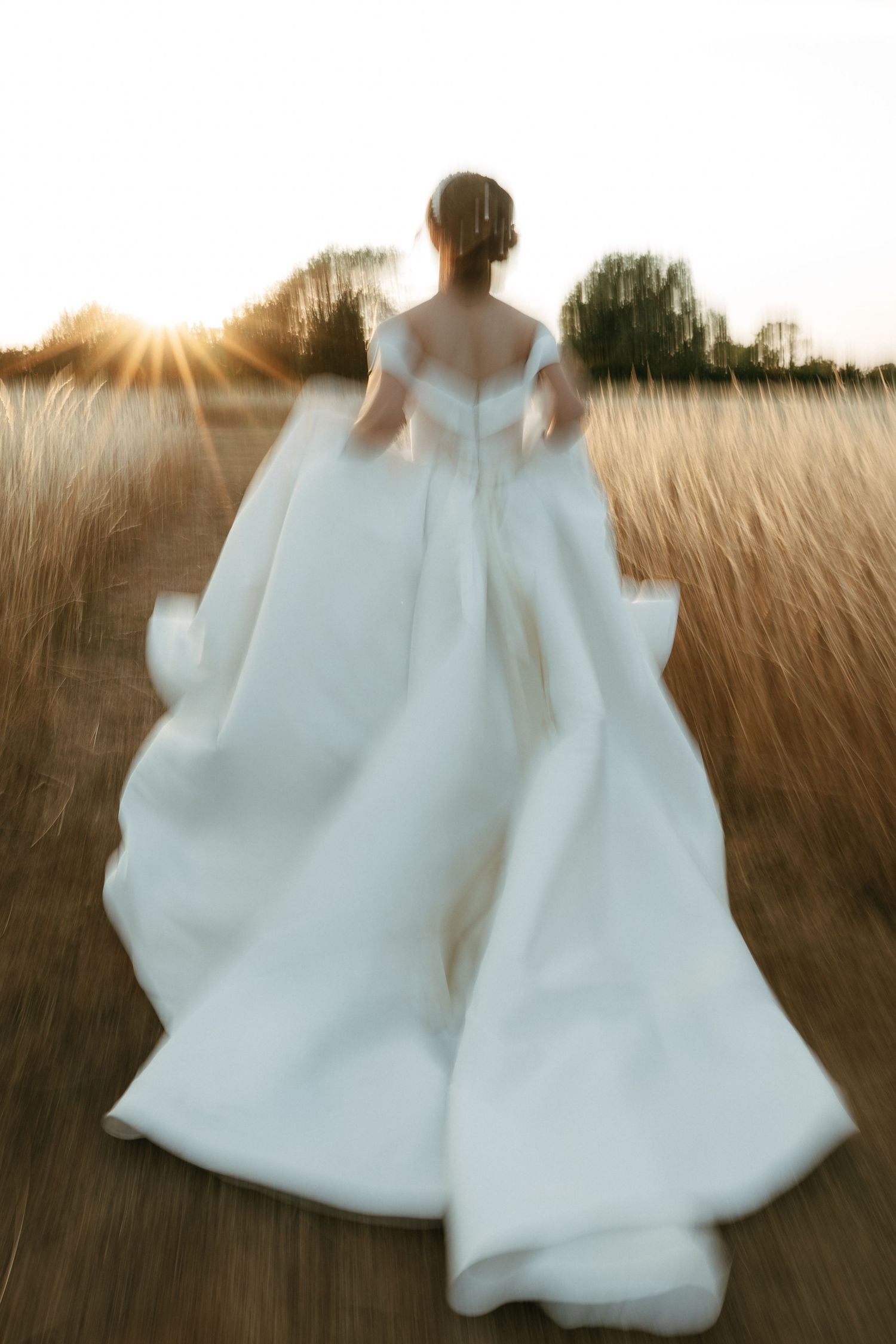 Bride in elegant white ball gown with long train walks through golden field at sunset.
