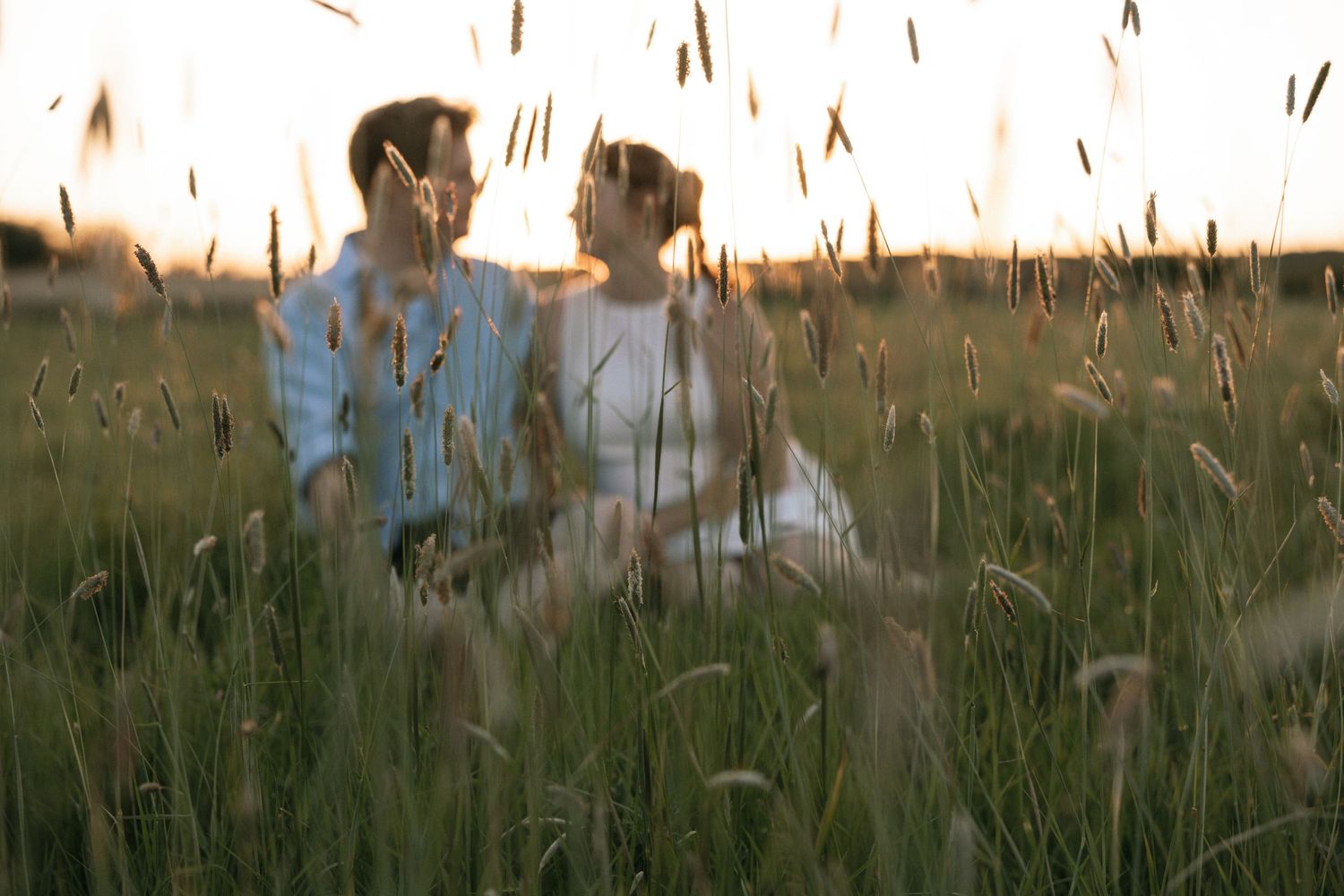 Couple sitting together in a golden field of tall grass during a romantic sunset engagement photo session.