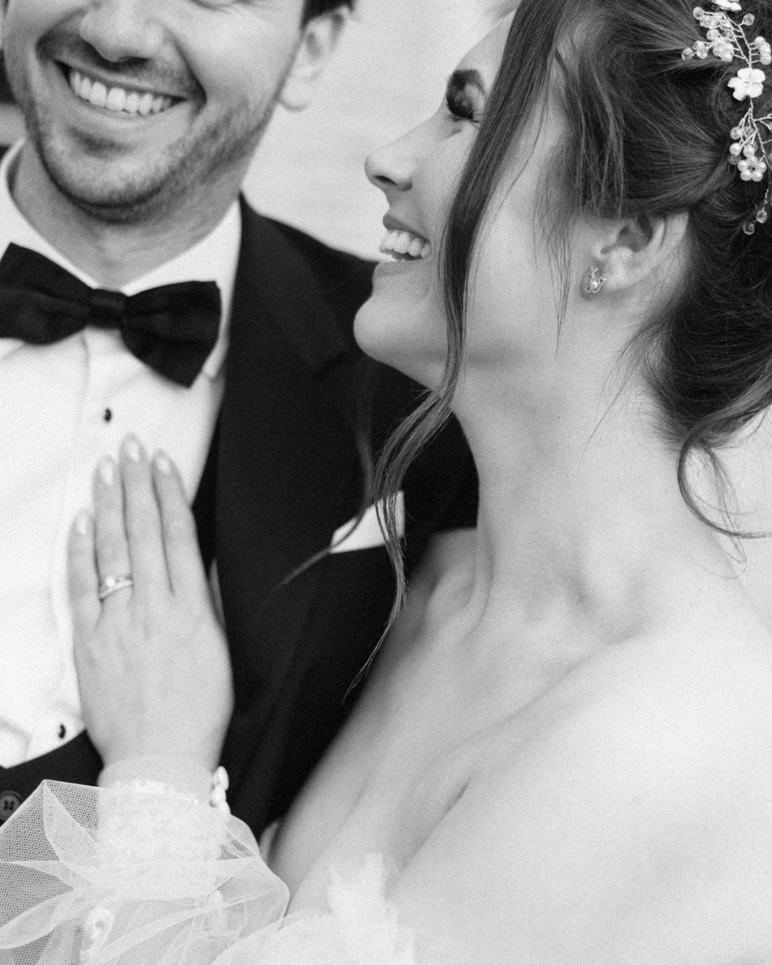 Black and white wedding photography collage showing romantic close-up moments between newlyweds.