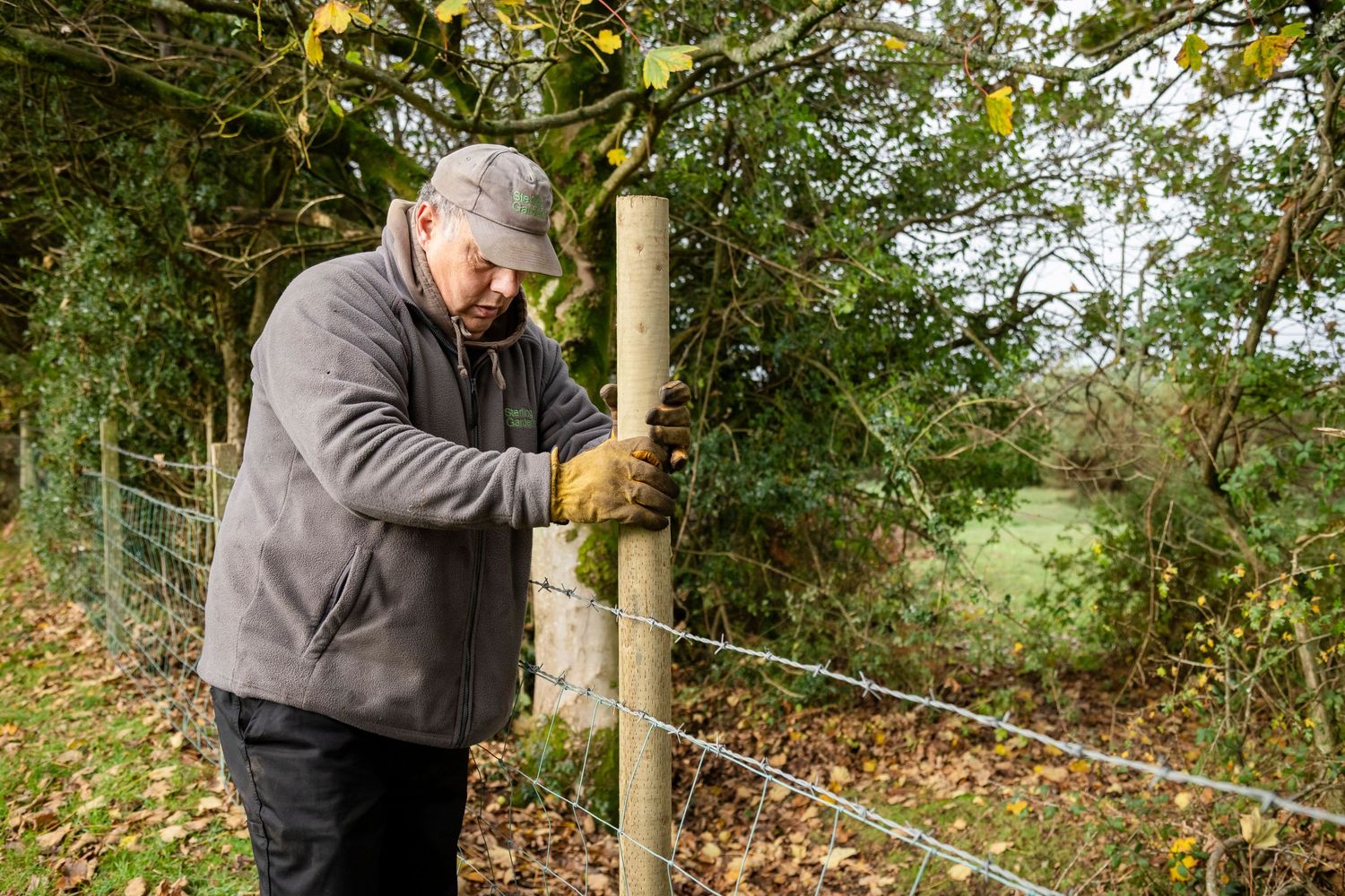 Repairing a fence post.