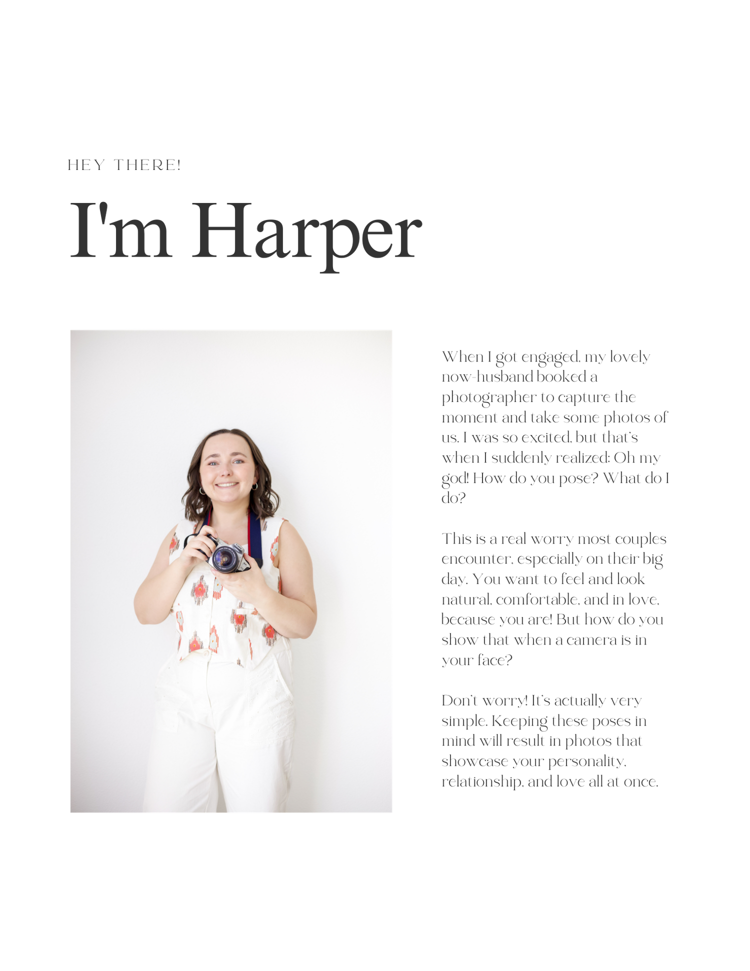 Clean minimalist photography branding page with text 'Now What?' and 'I'm Harper'.