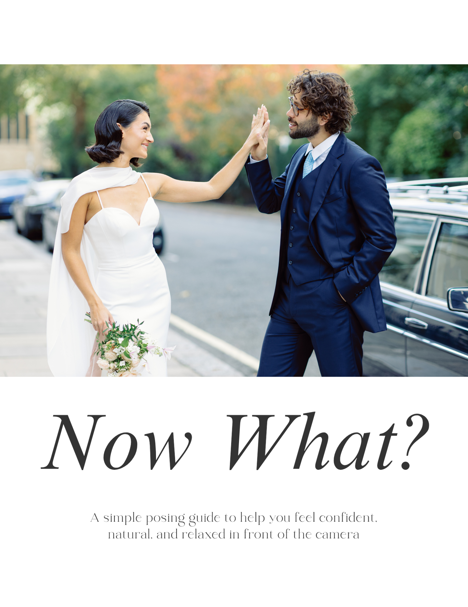 Wedding photography guide showing natural poses and tips for couples in formal attire.