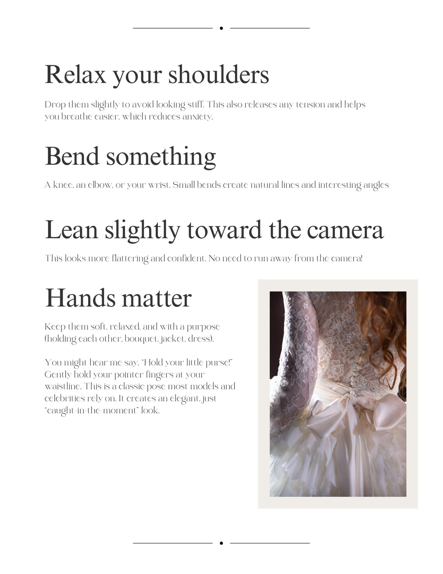 Photography posing guide with tips for relaxed shoulders and natural hand positions.