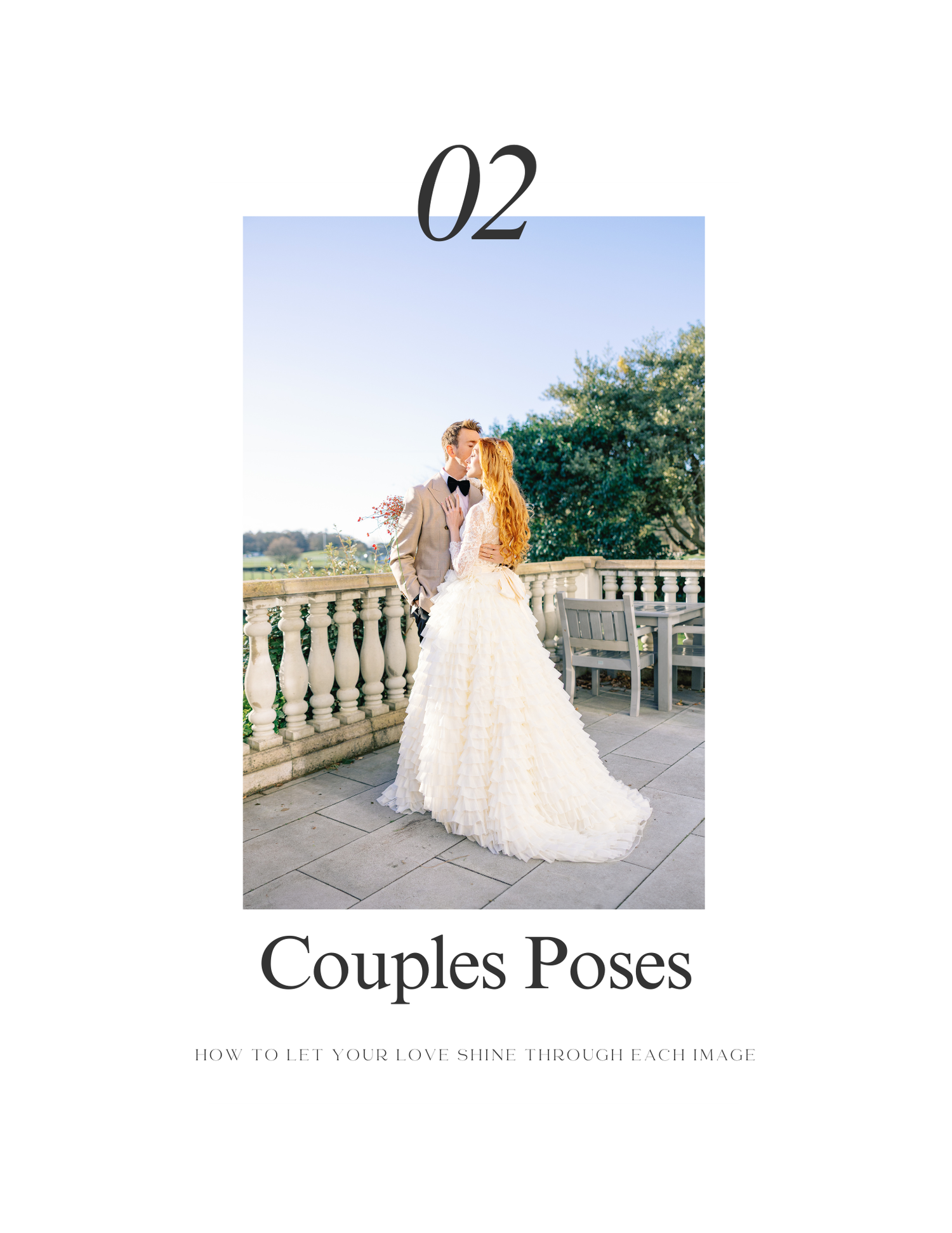 Wedding photography guide page showing couples poses and outdoor portrait examples.